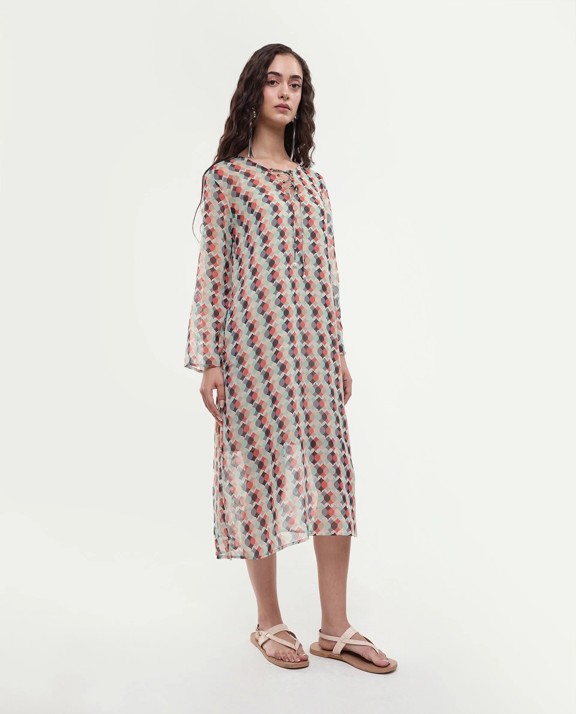 Rareism Women's Mirun Multi Tie-Up Neck Abstract Print Knee Length Regular Fit Dress