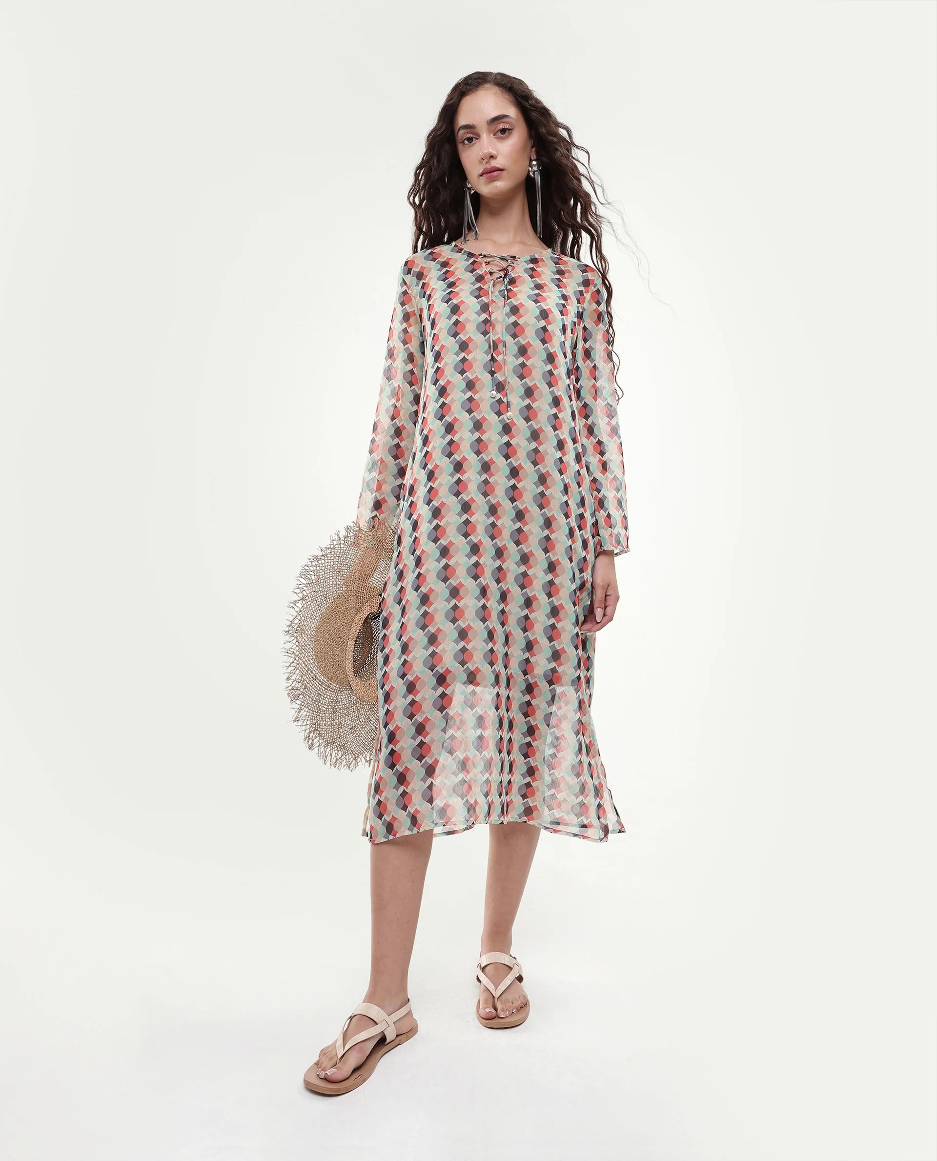 Rareism Women's Mirun Multi Tie-Up Neck Abstract Print Knee Length Regular Fit Dress