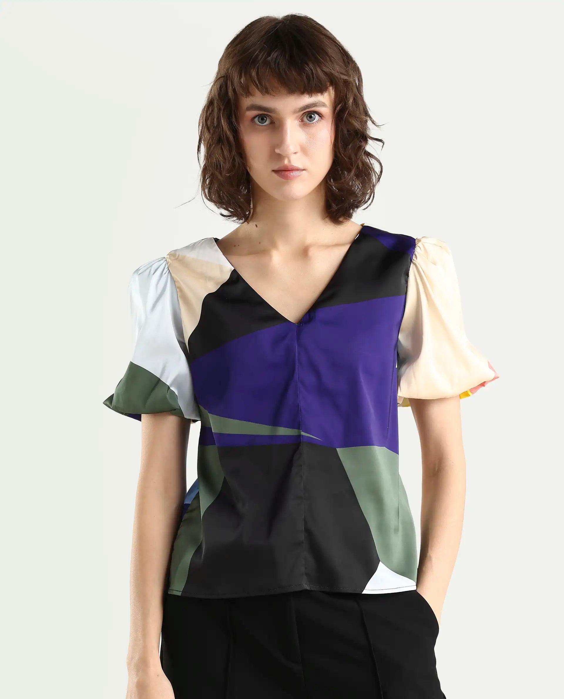 Rareism Women's Valve Multi Modal V-Neck Abstract Print Puff Sleeves Crop Relaxed Fit Top