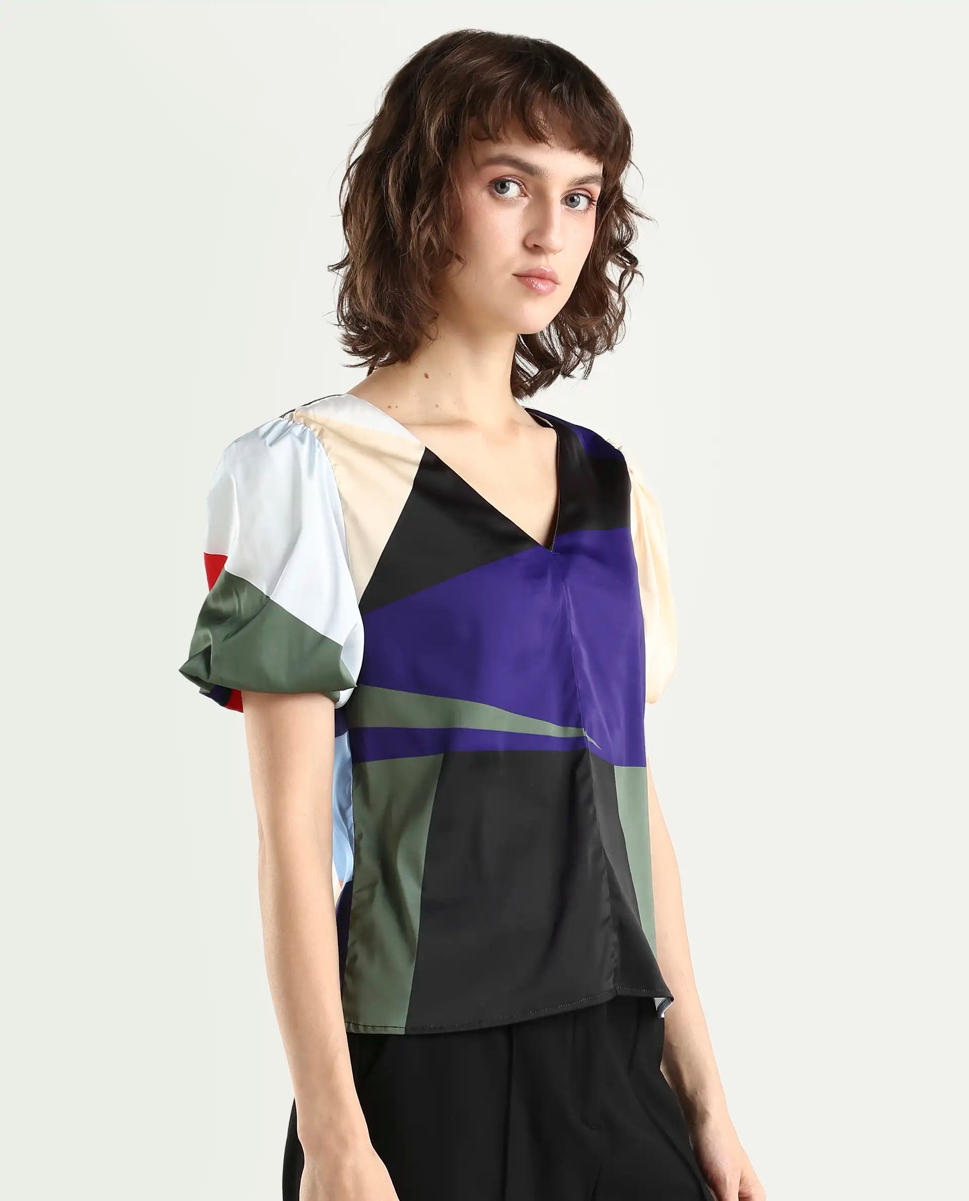 Rareism Women's Valve Multi Modal V-Neck Abstract Print Puff Sleeves Crop Relaxed Fit Top