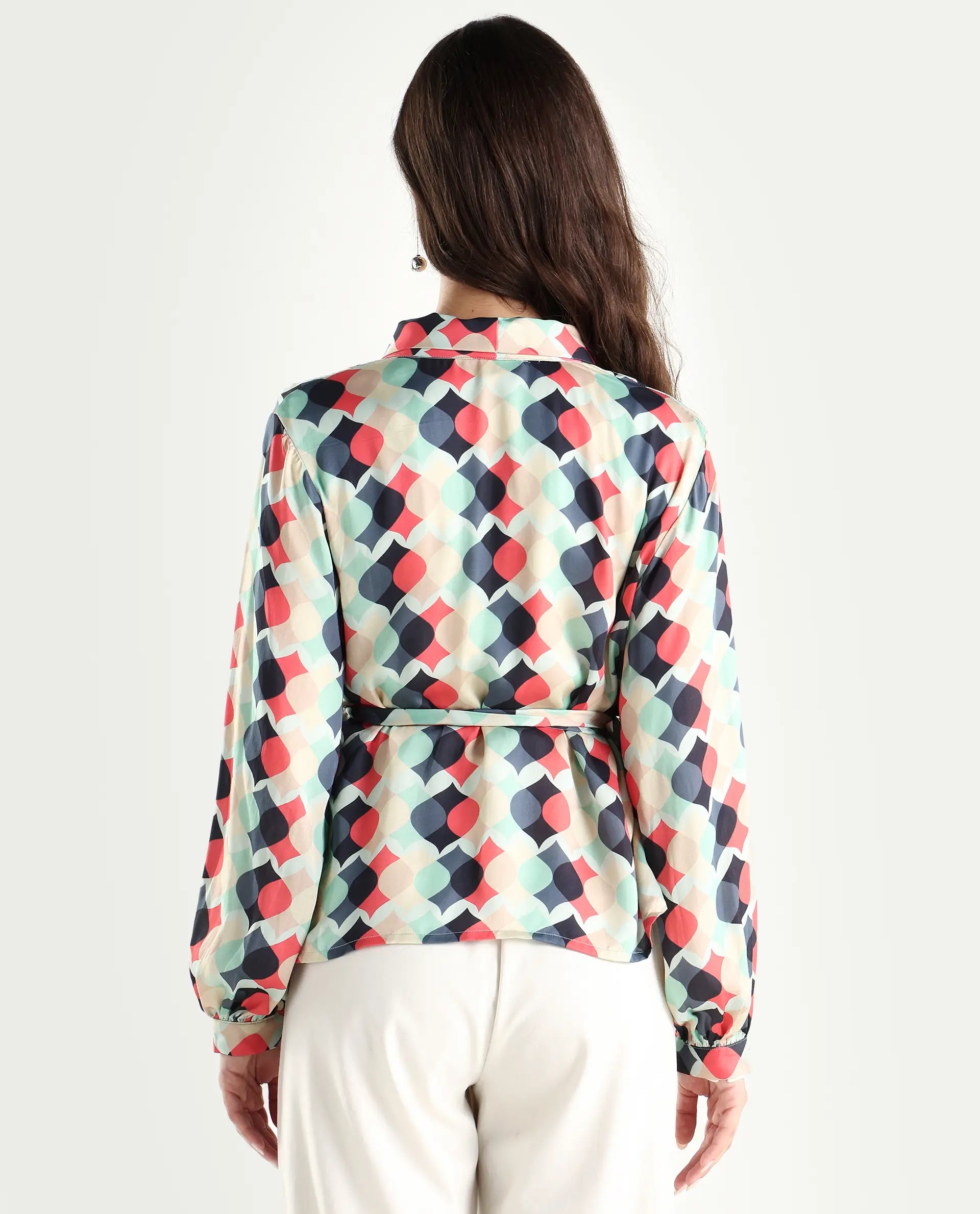 Rareism Women's Golf Multi Lapel Neck Geometric Print Knee Length Tailored Top