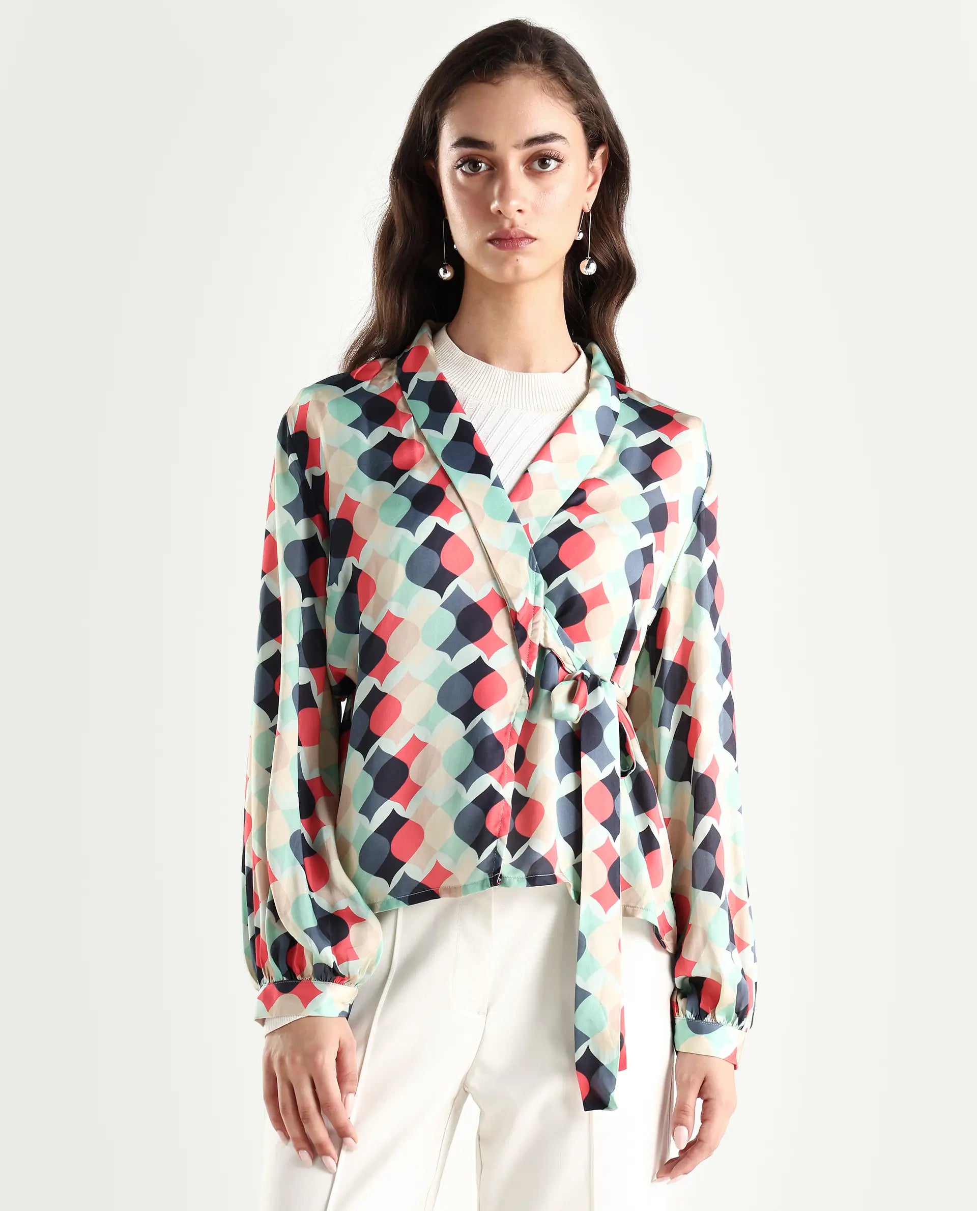 Rareism Women's Golf Multi Lapel Neck Geometric Print Knee Length Tailored Top