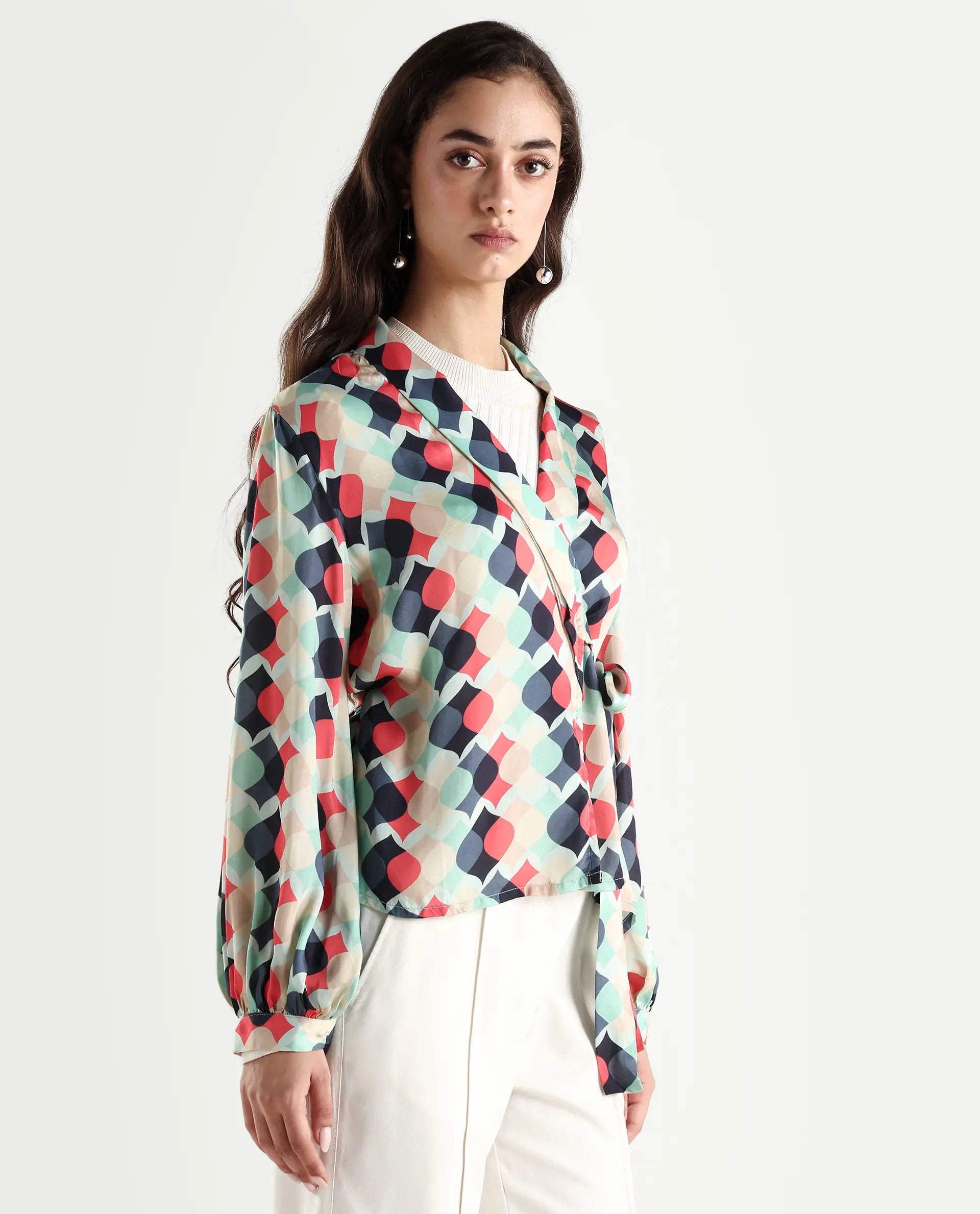 Rareism Women's Golf Multi Lapel Neck Geometric Print Knee Length Tailored Top