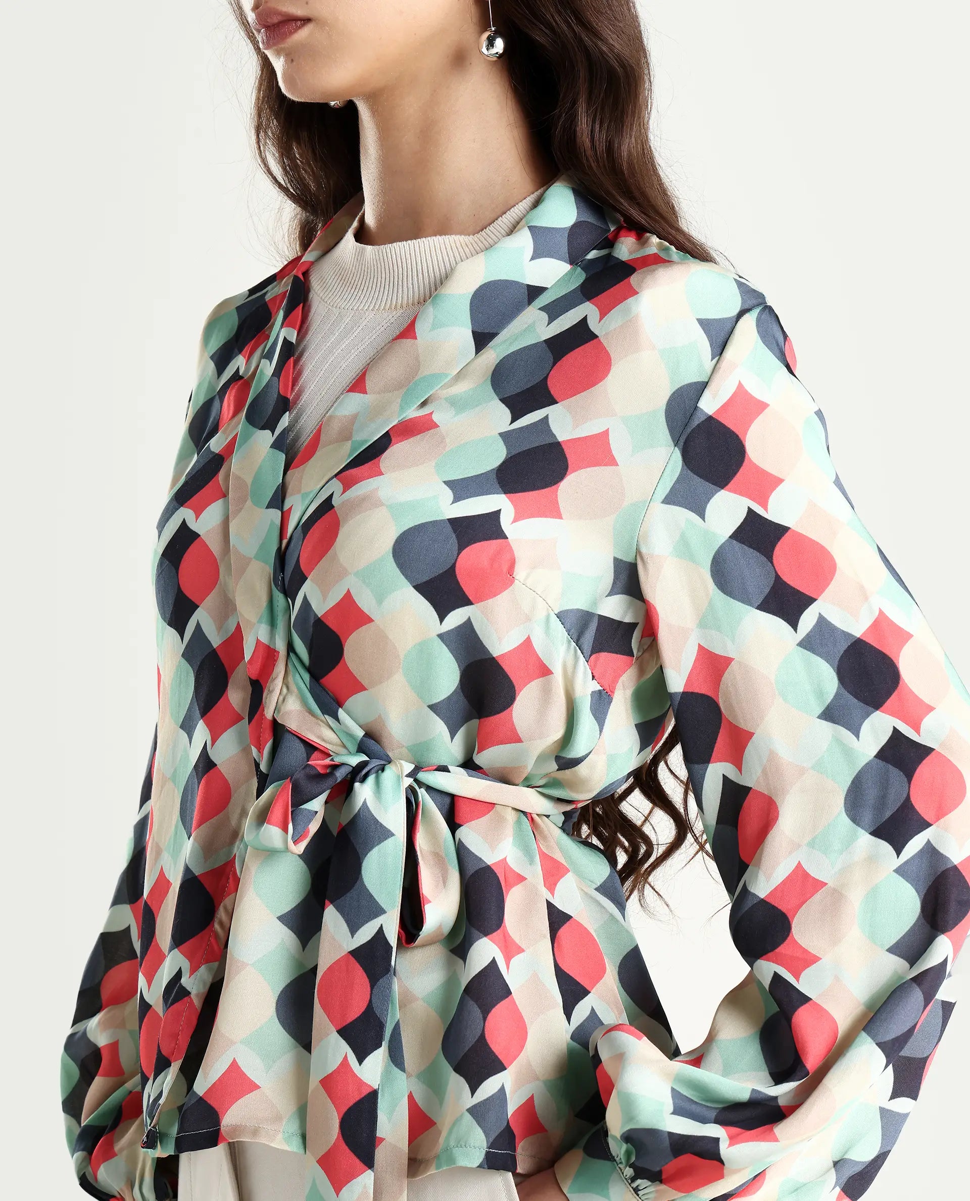 Rareism Women's Golf Multi Lapel Neck Geometric Print Knee Length Tailored Top