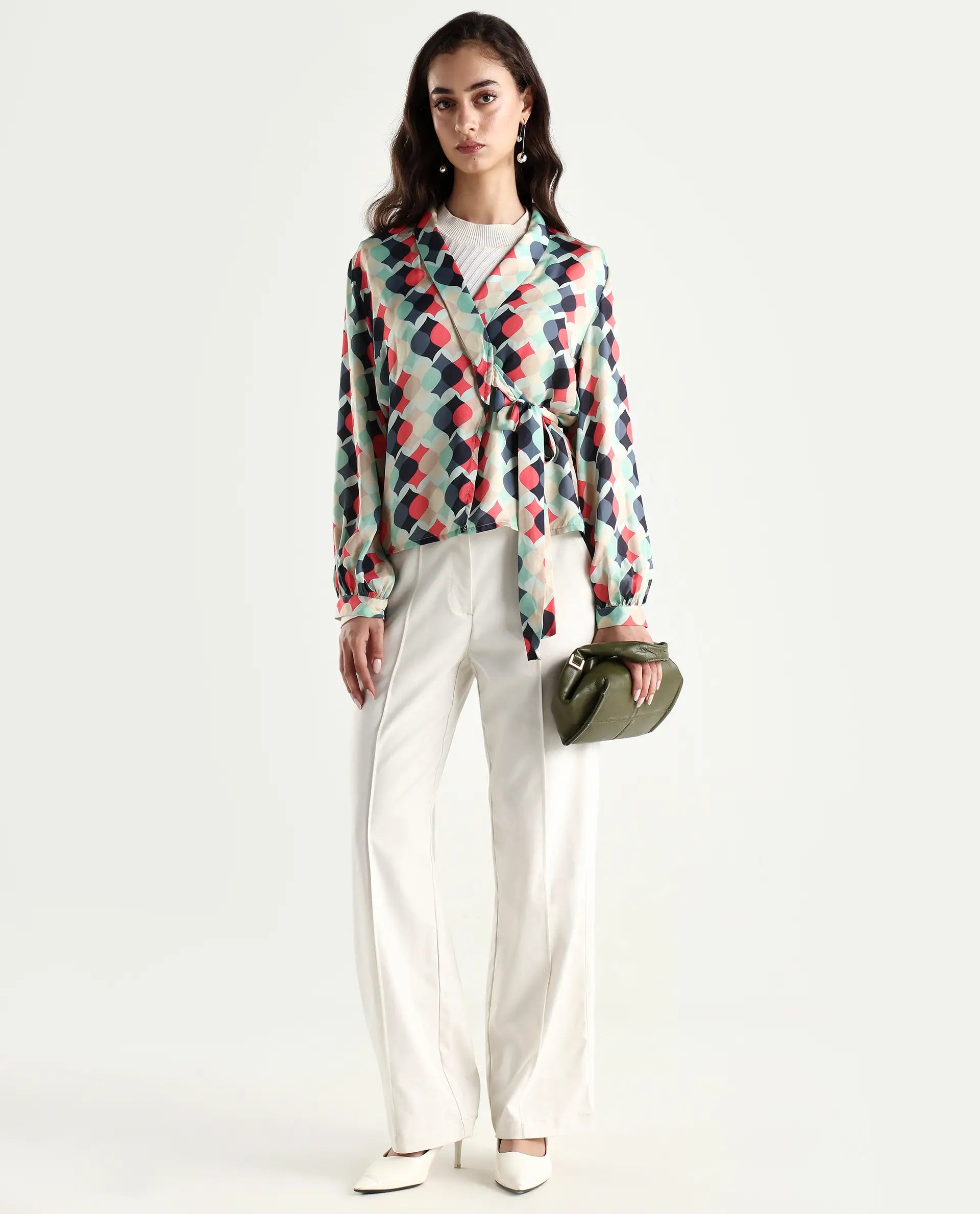 Rareism Women's Golf Multi Lapel Neck Geometric Print Knee Length Tailored Top