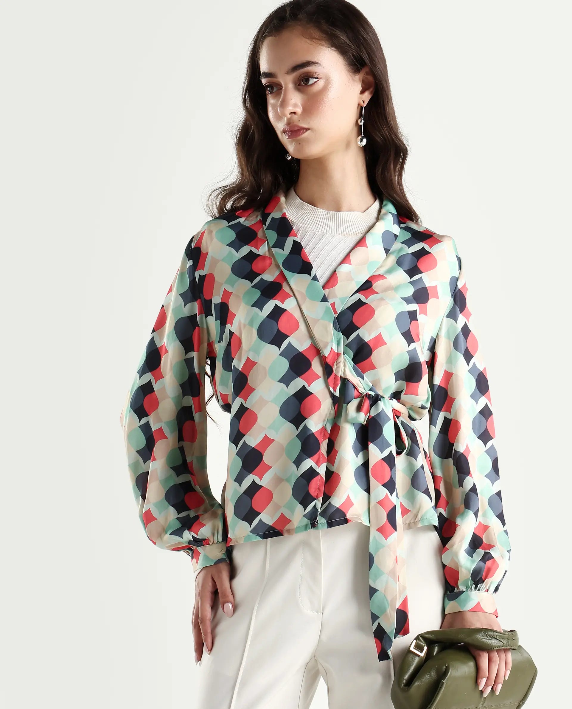 Rareism Women's Golf Multi Lapel Neck Geometric Print Knee Length Tailored Top