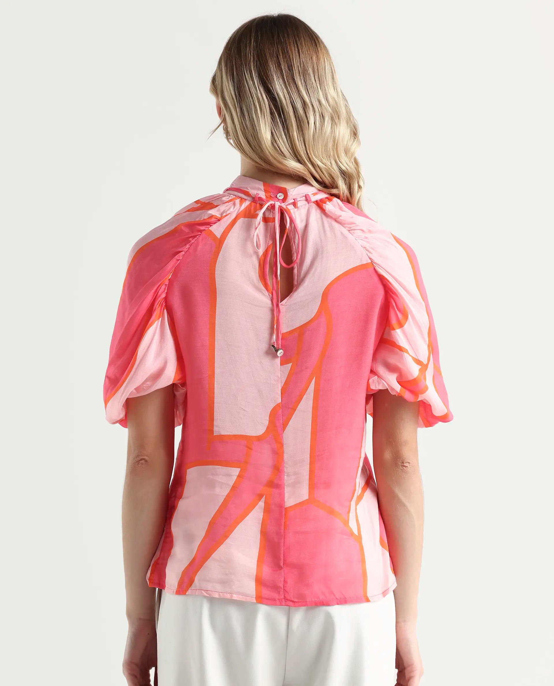 Rareism Women's Theos Pink Cotton Blend V-Neck Abstract Print Volume Sleeve Flared Top