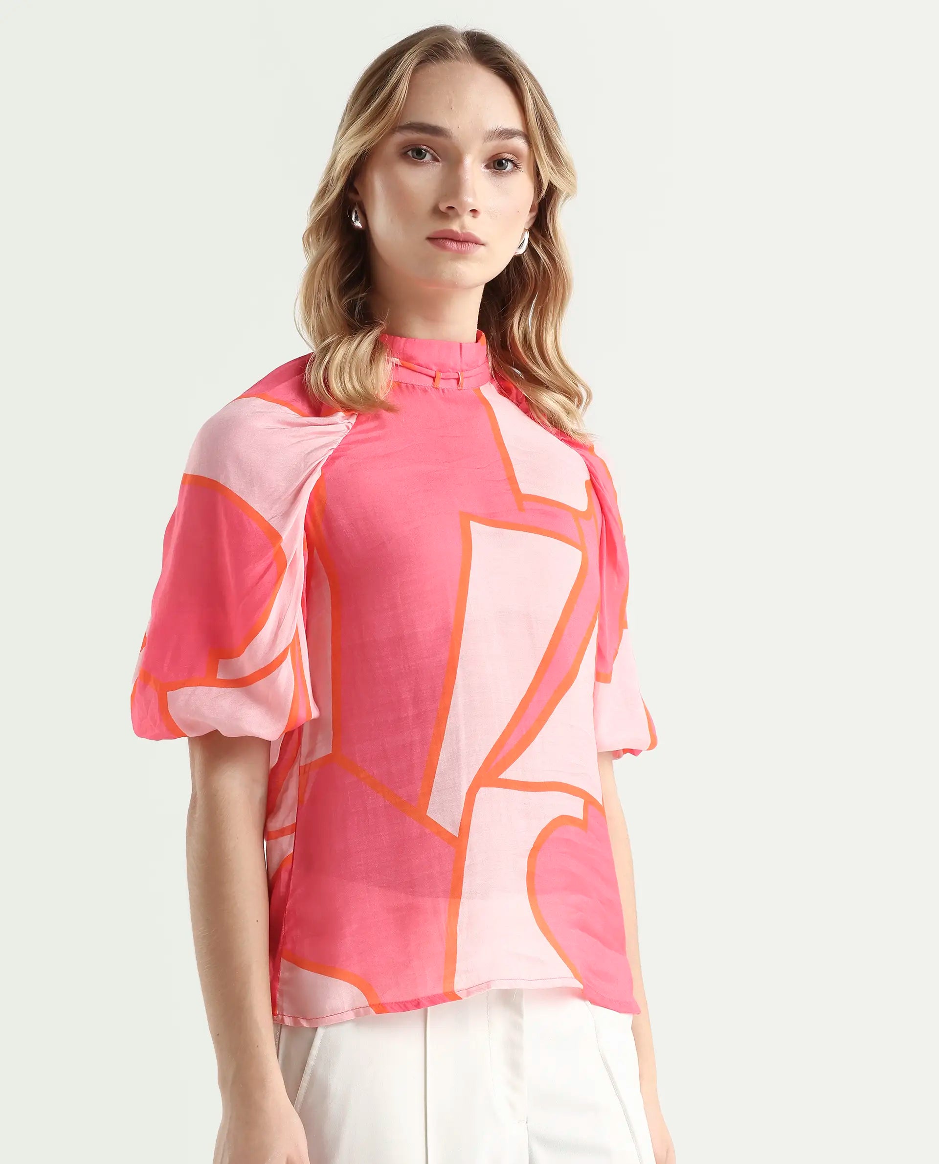 Rareism Women's Theos Pink Cotton Blend V-Neck Abstract Print Volume Sleeve Flared Top
