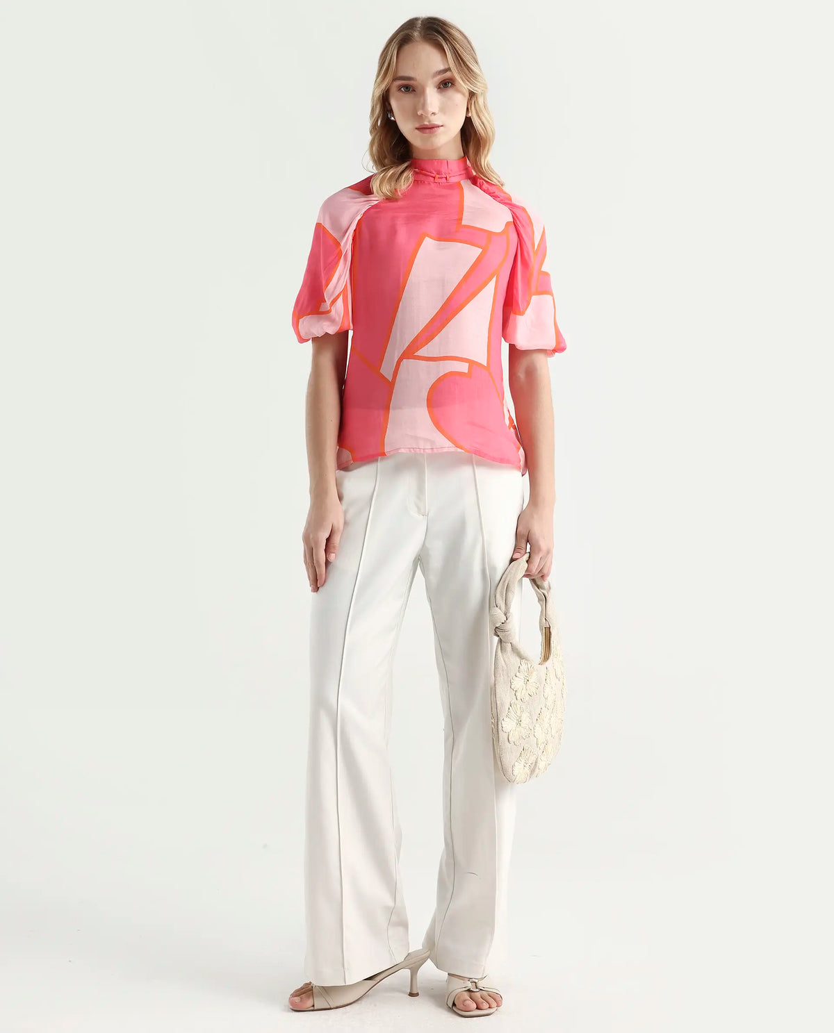Rareism Women's Theos Pink Cotton Blend V-Neck Abstract Print Volume Sleeve Flared Top