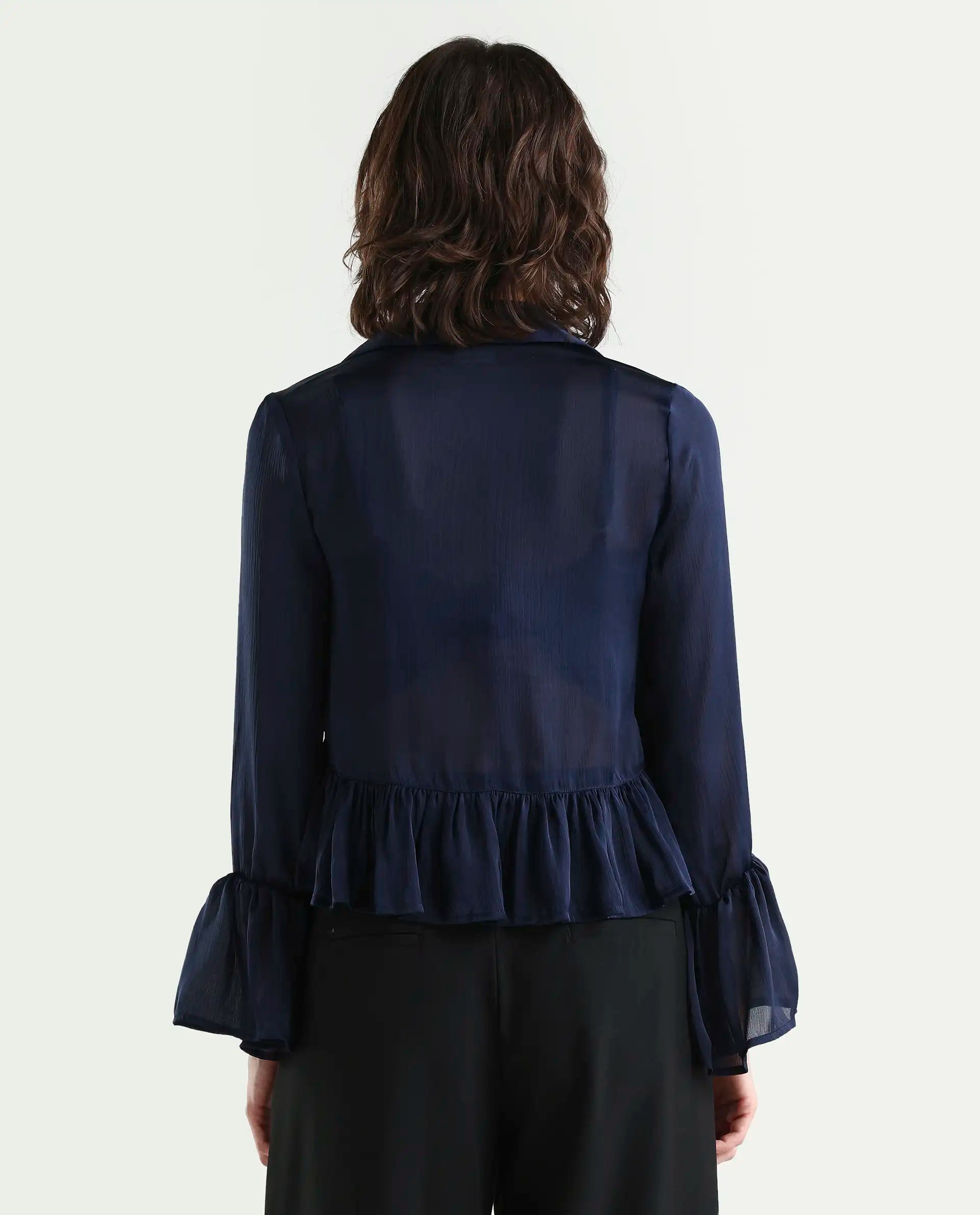 Rareism Women's Kint Navy Polyester Lapel Neck Plain Ruffled Sleeve Regular Fit Shrug
