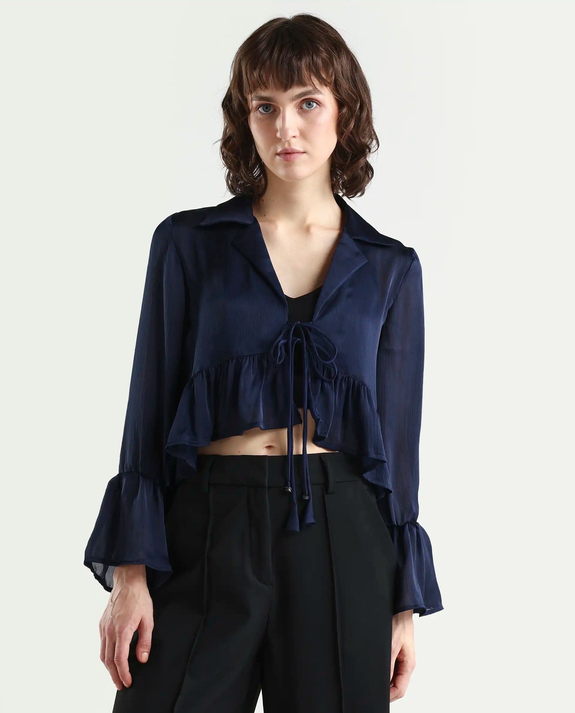 Rareism Women's Kint Navy Polyester Lapel Neck Plain Ruffled Sleeve Regular Fit Shrug