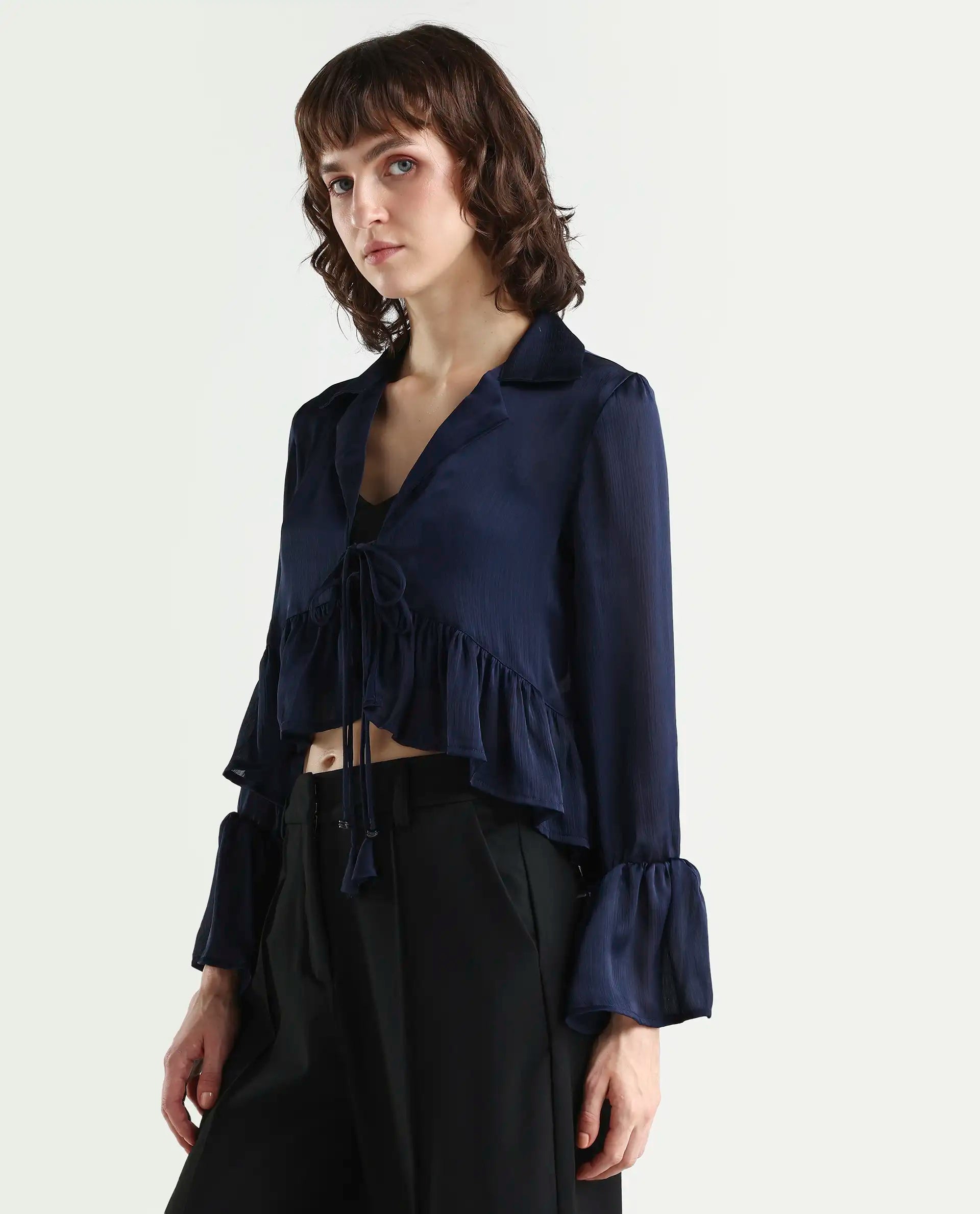 Rareism Women's Kint Navy Polyester Lapel Neck Plain Ruffled Sleeve Regular Fit Shrug