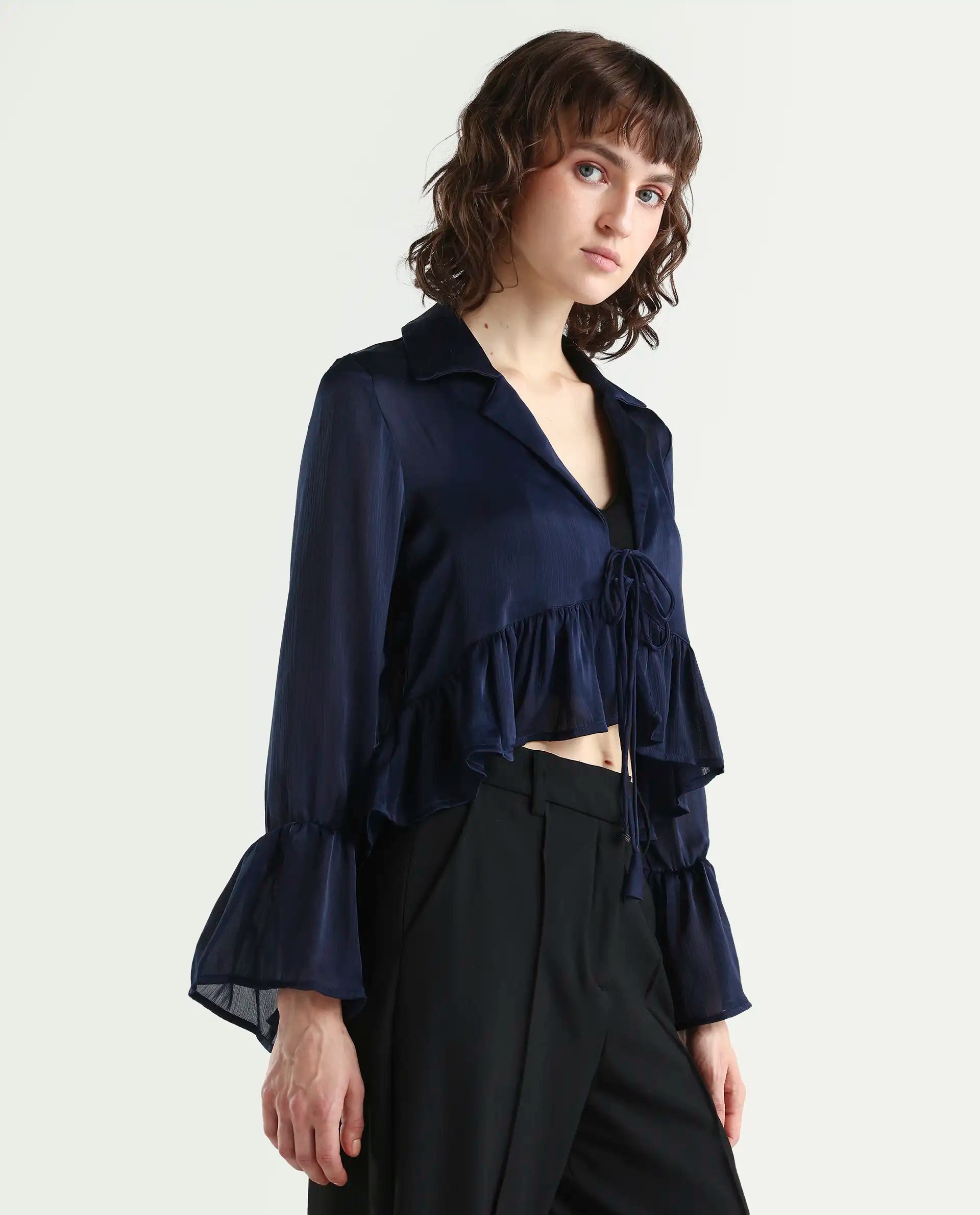 Rareism Women's Kint Navy Polyester Lapel Neck Plain Ruffled Sleeve Regular Fit Shrug