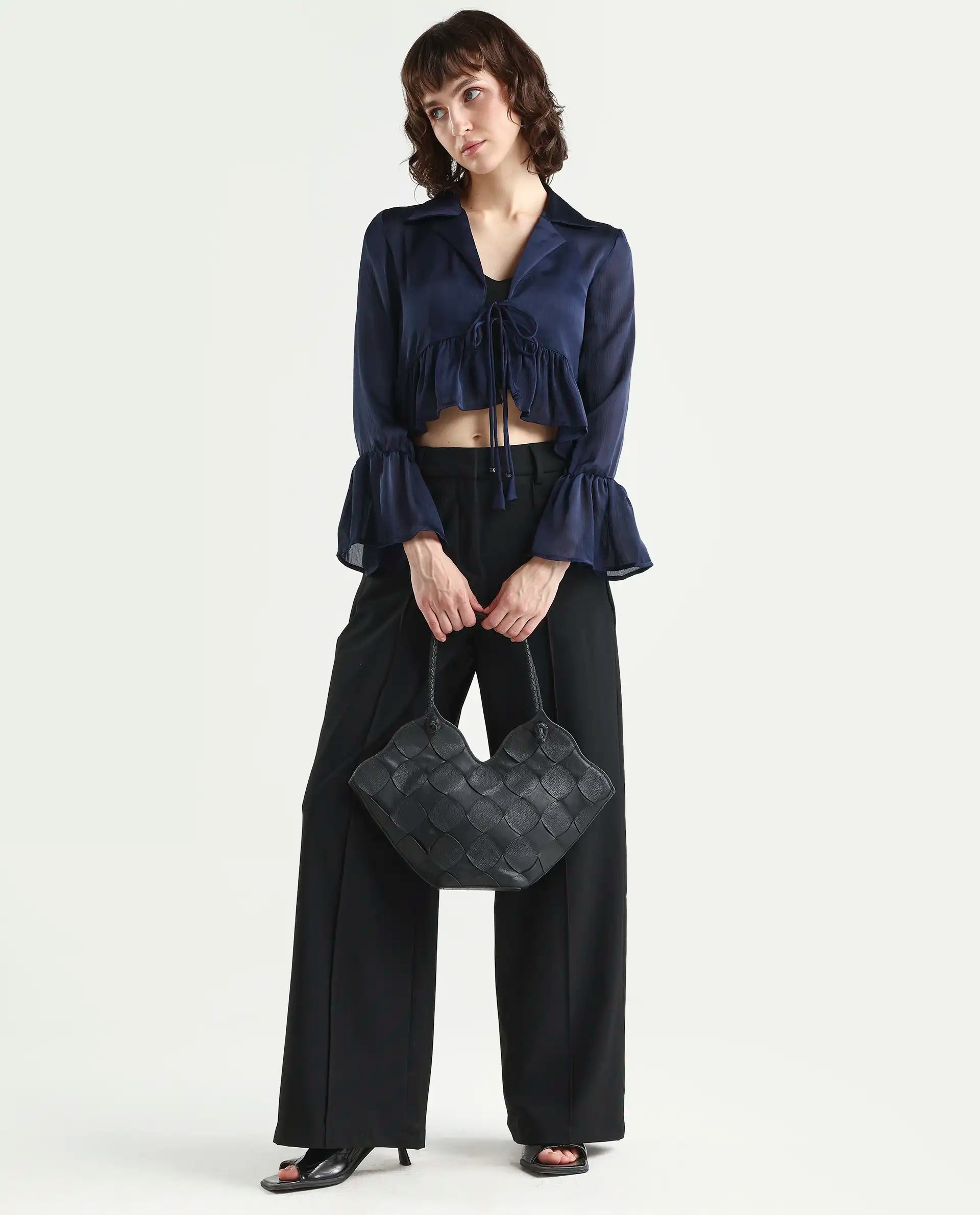 Rareism Women's Kint Navy Polyester Lapel Neck Plain Ruffled Sleeve Regular Fit Shrug