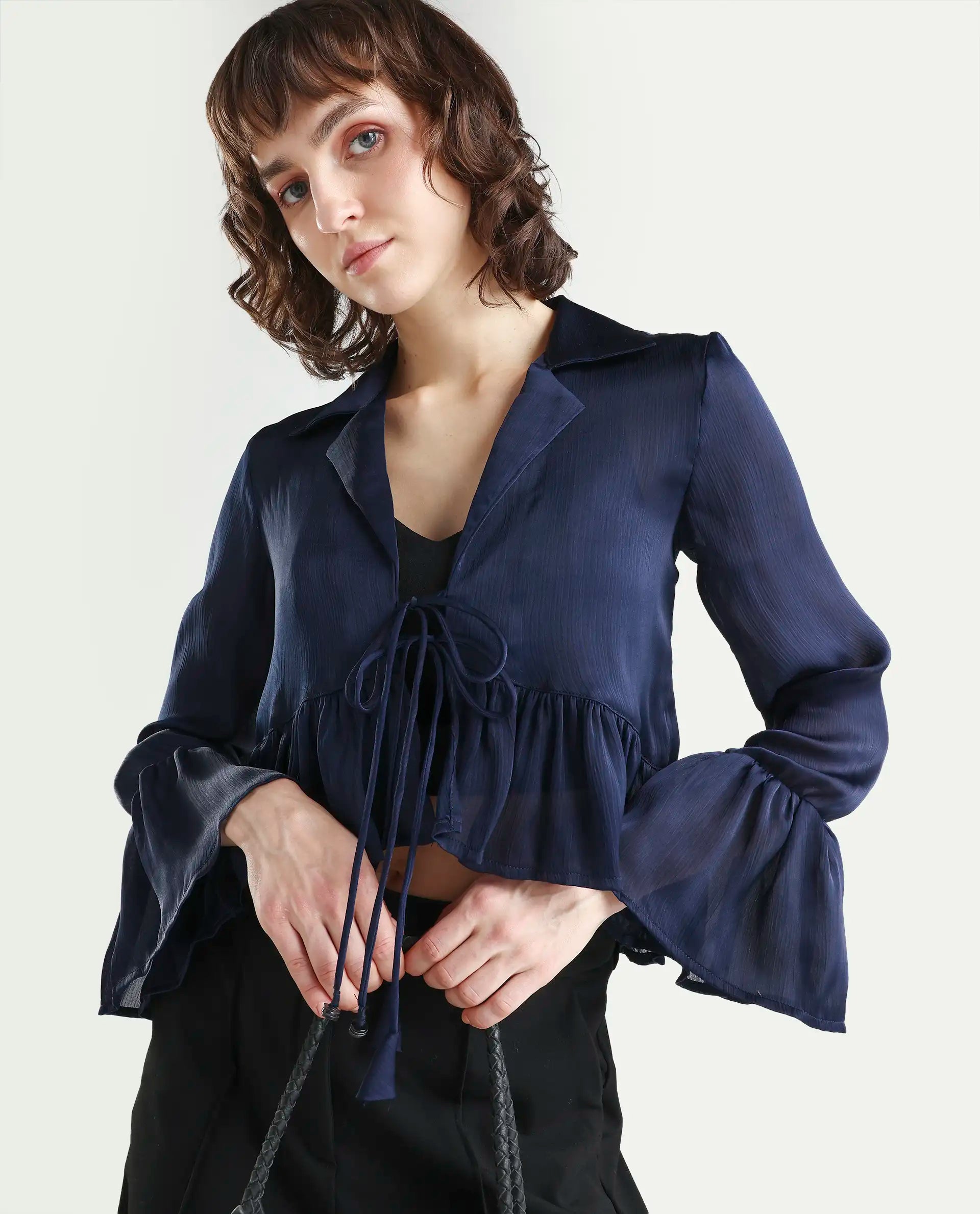 Rareism Women's Kint Navy Polyester Lapel Neck Plain Ruffled Sleeve Regular Fit Shrug