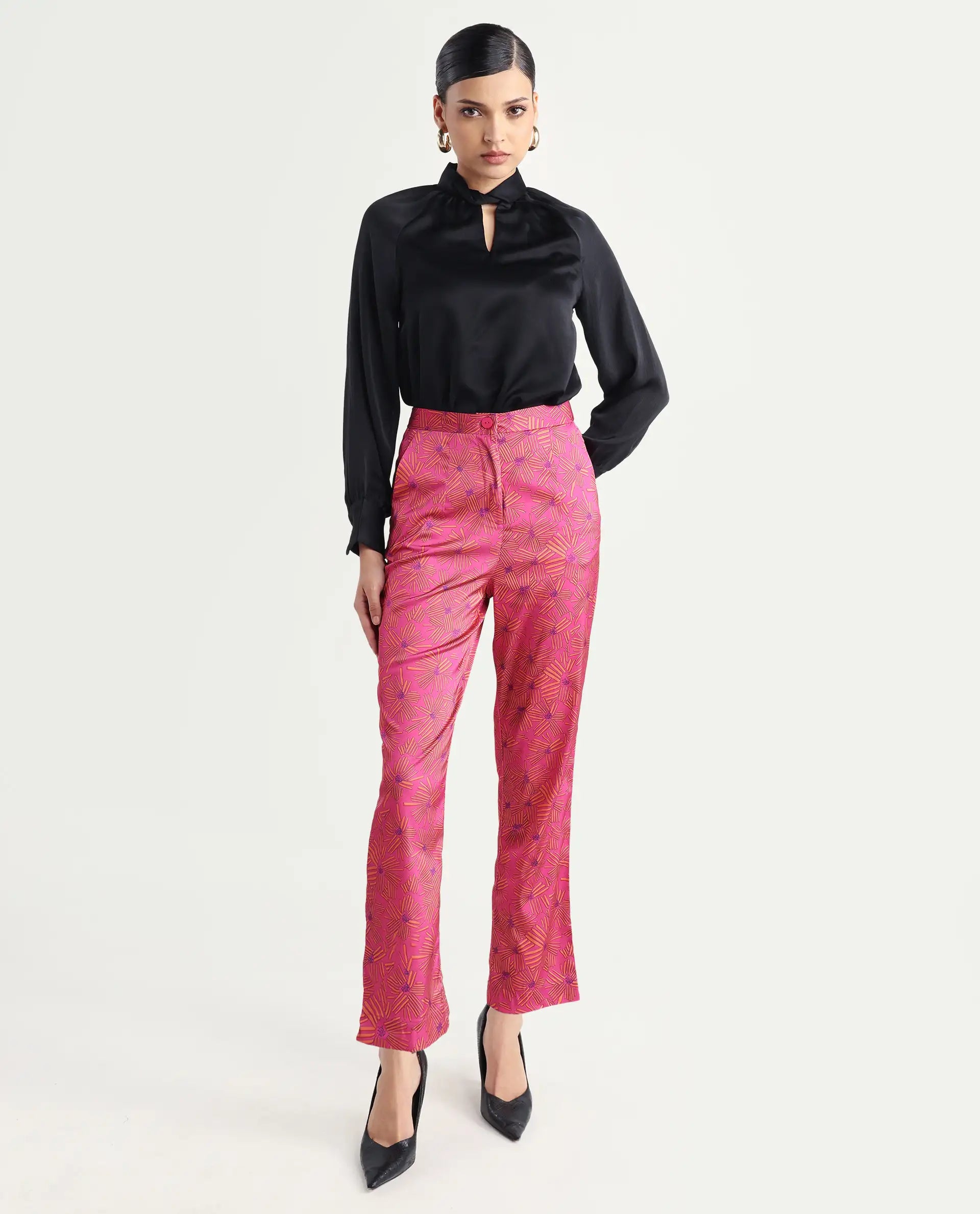 Rareism Women's Catepil Pink Modal Geometric Print Ankle Length Tailored Trouser