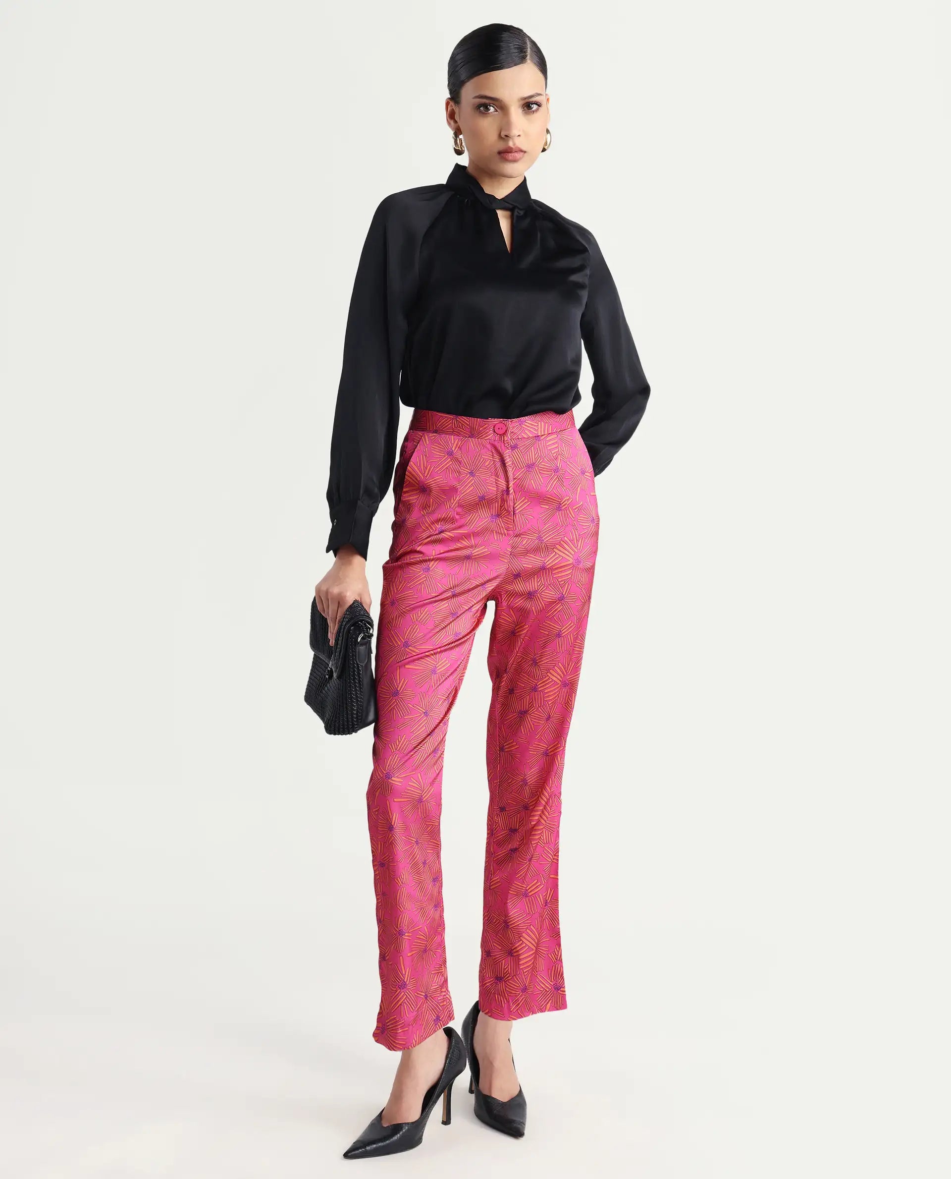 Rareism Women's Catepil Pink Modal Geometric Print Ankle Length Tailored Trouser