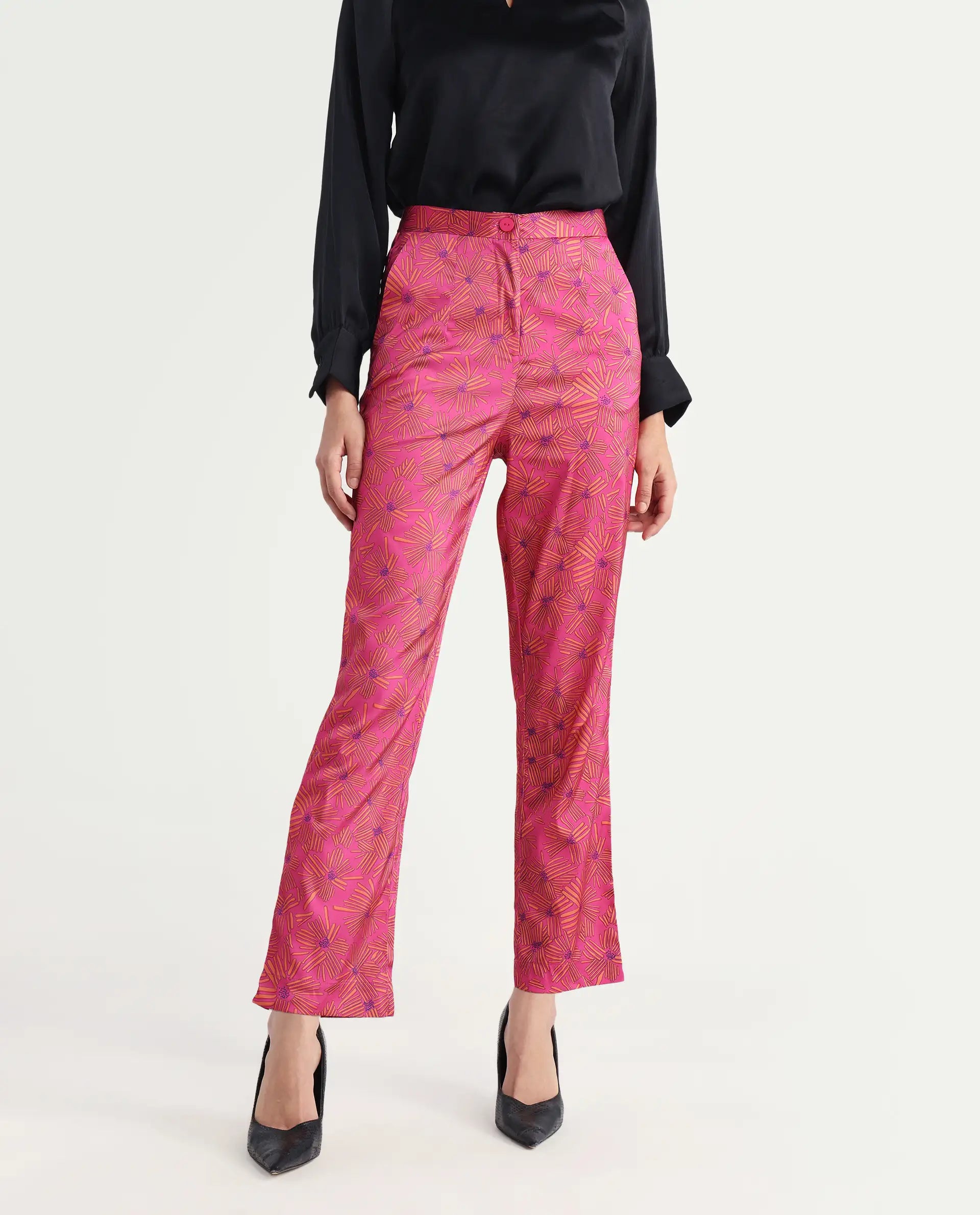 Rareism Women's Catepil Pink Modal Geometric Print Ankle Length Tailored Trouser