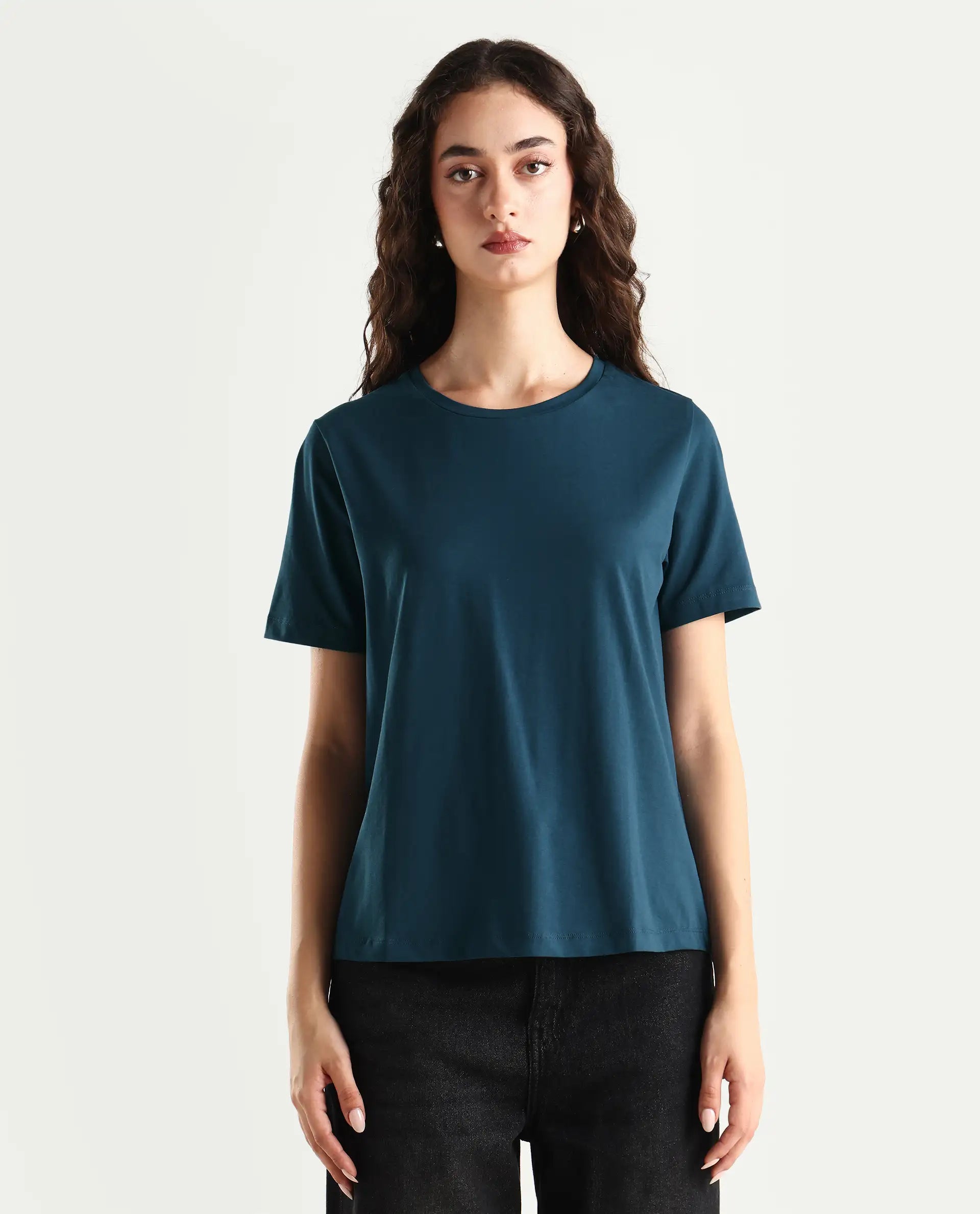 Rareism Women's Light Weight High Stretch 180 Gsm Cotton Crew Neck Plain Regular Fit T-Shirt