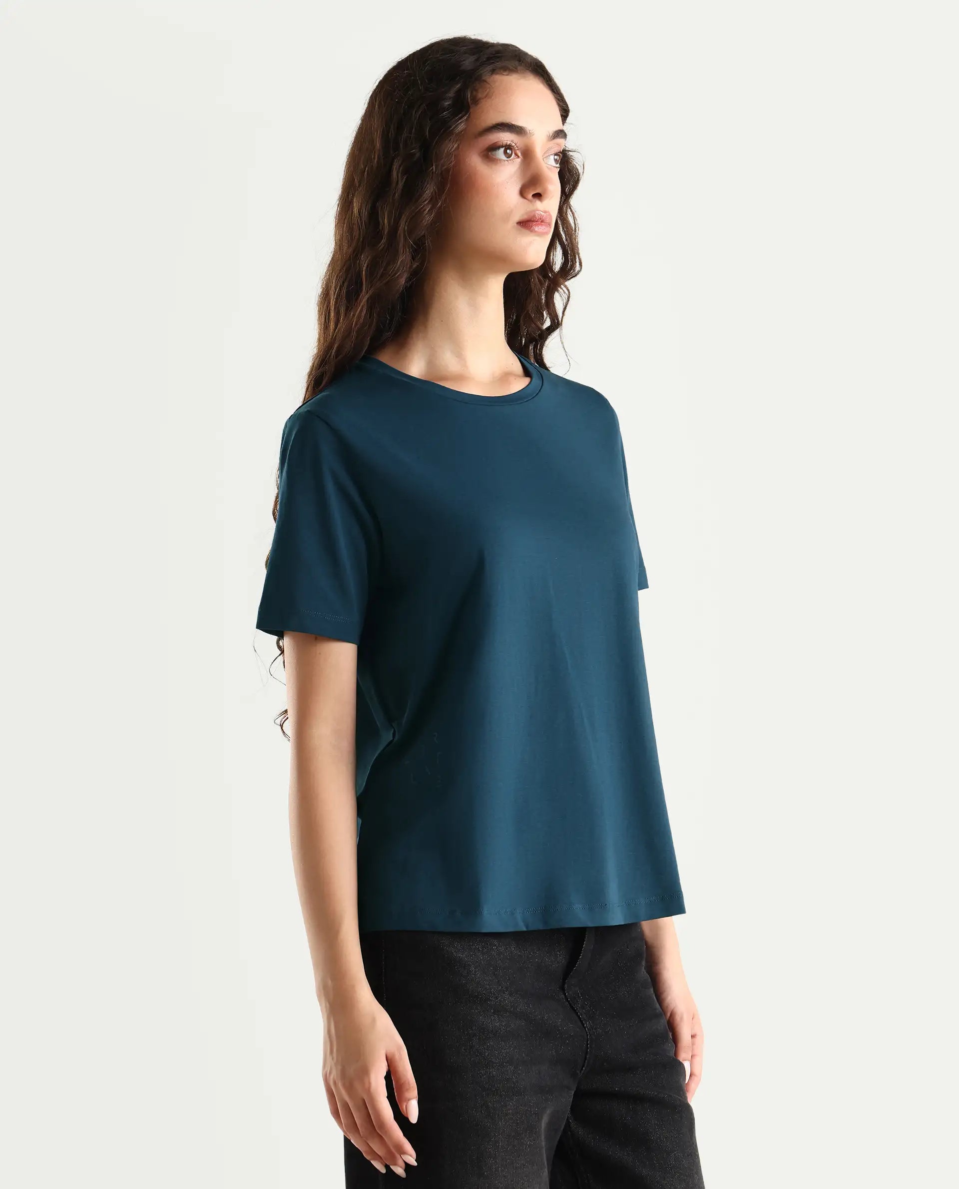 Rareism Women's Light Weight High Stretch 180 Gsm Cotton Crew Neck Plain Regular Fit T-Shirt