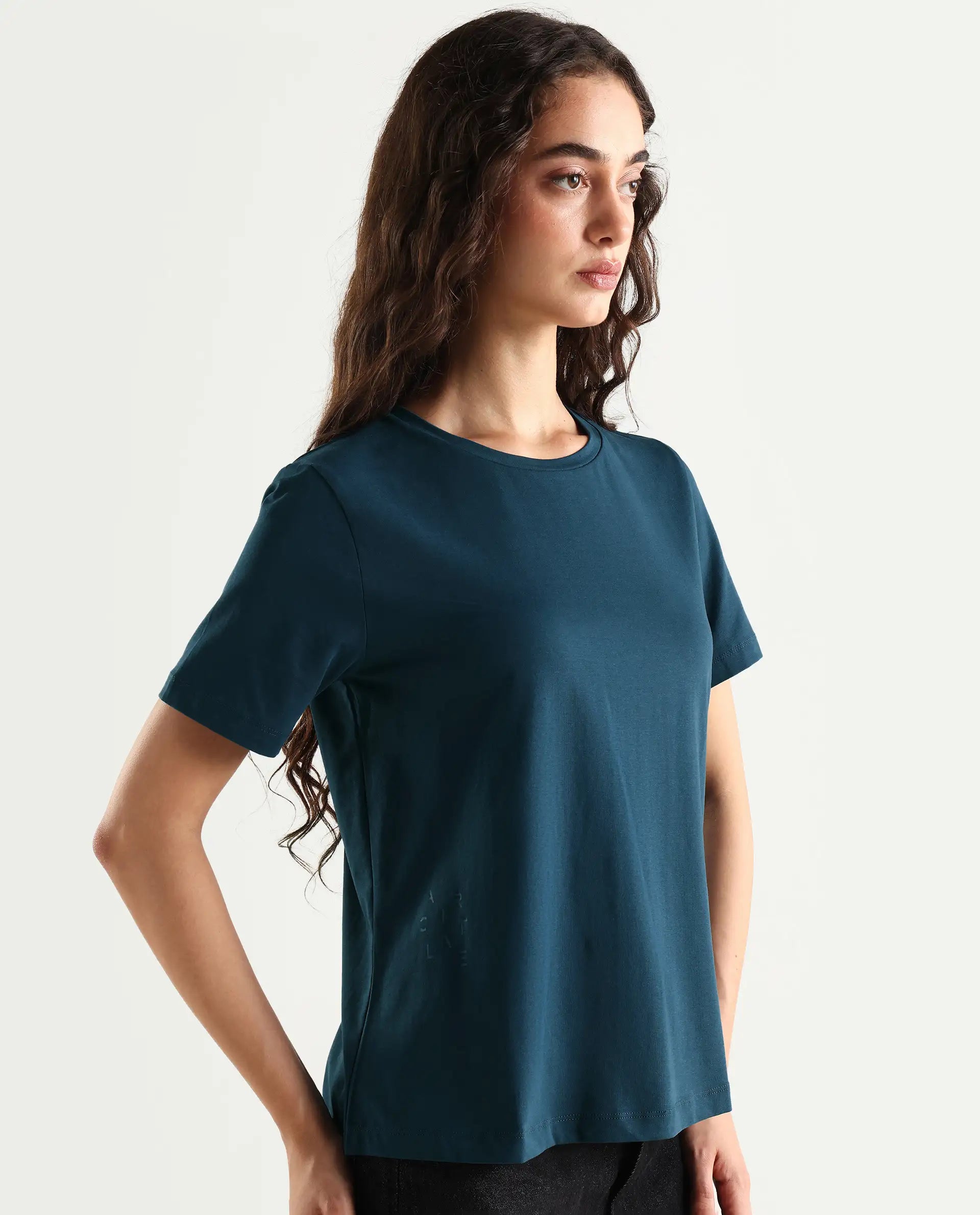 Rareism Women's Light Weight High Stretch 180 Gsm Cotton Crew Neck Plain Regular Fit T-Shirt