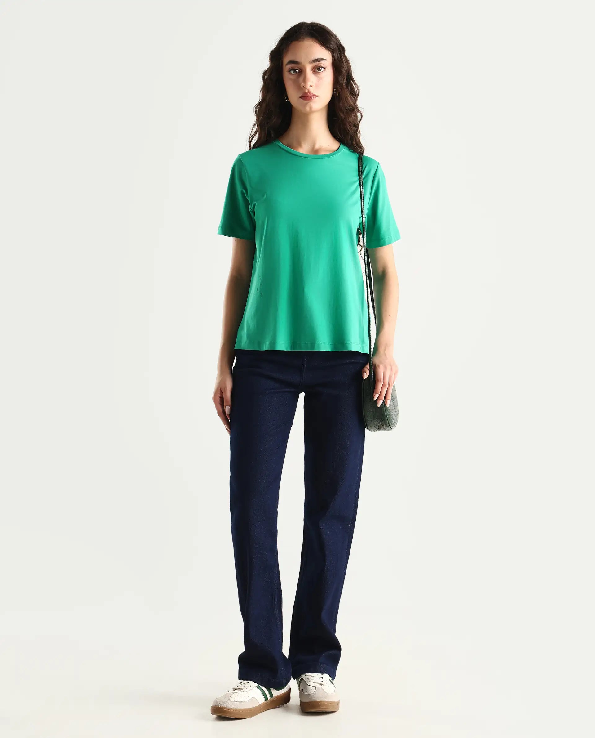Rareism Women's Light Weight High Stretch 180 Gsm Cotton Crew Neck Plain Regular Fit T-Shirt