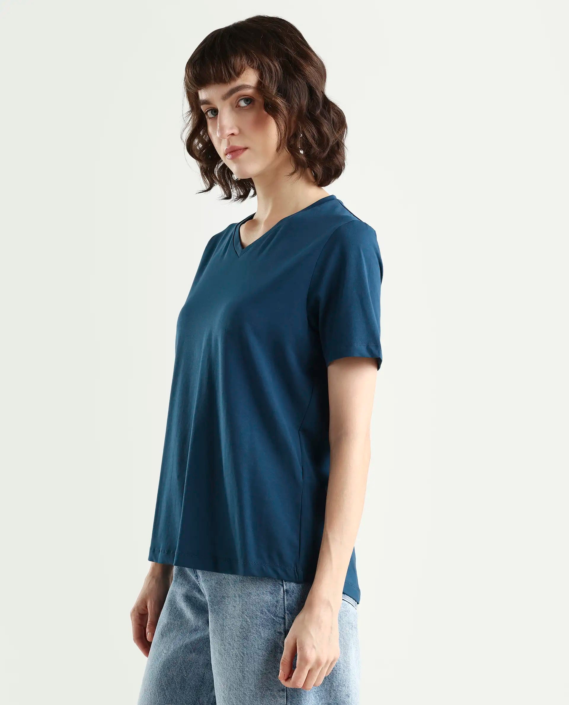 Rareism Women's Light Weight High Stretch 180 Gsm Cotton V-Neck Plain Regular Fit T-Shirt