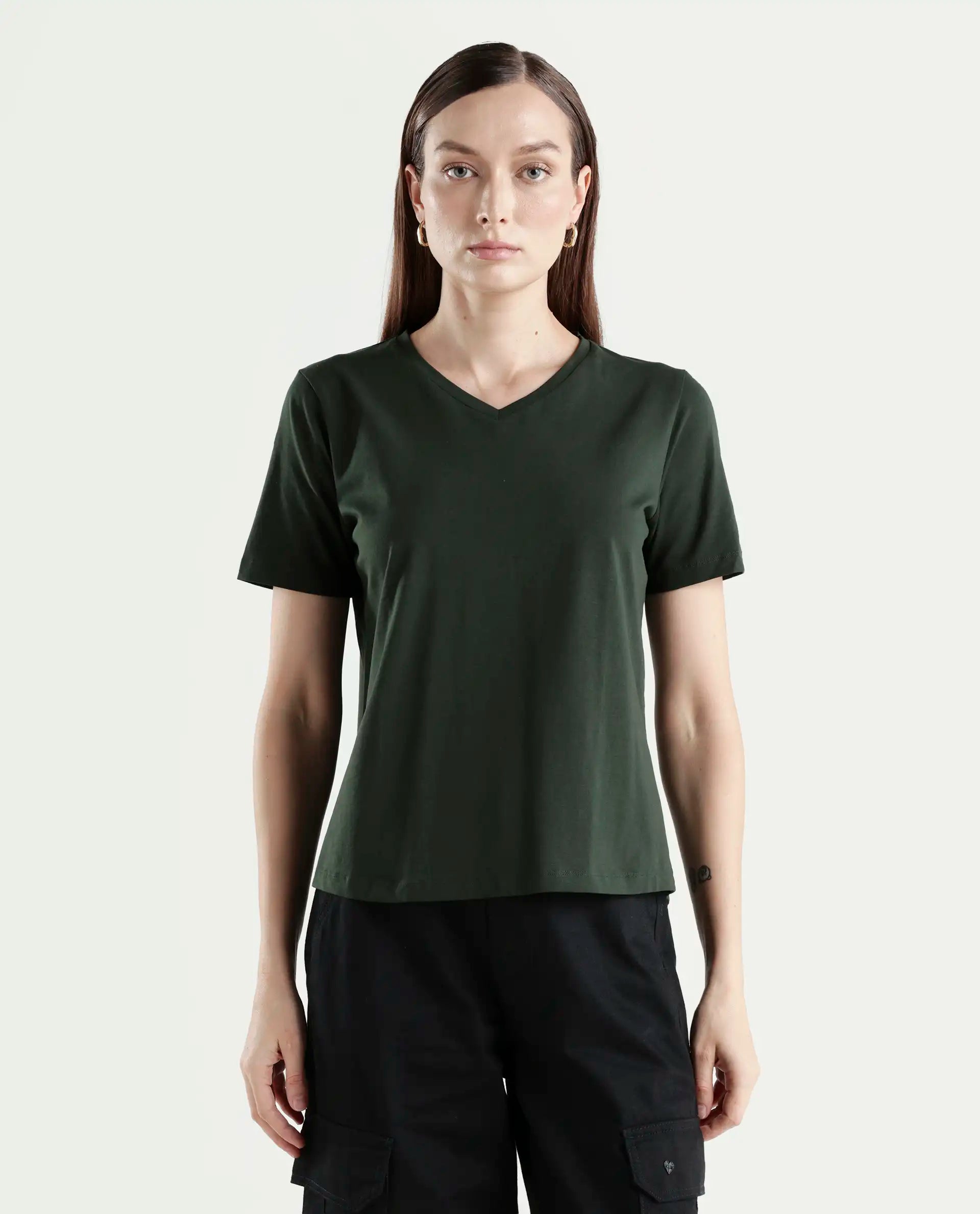 Rareism Women's Light Weight High Stretch 180 Gsm Cotton V-Neck Plain Regular Fit T-Shirt