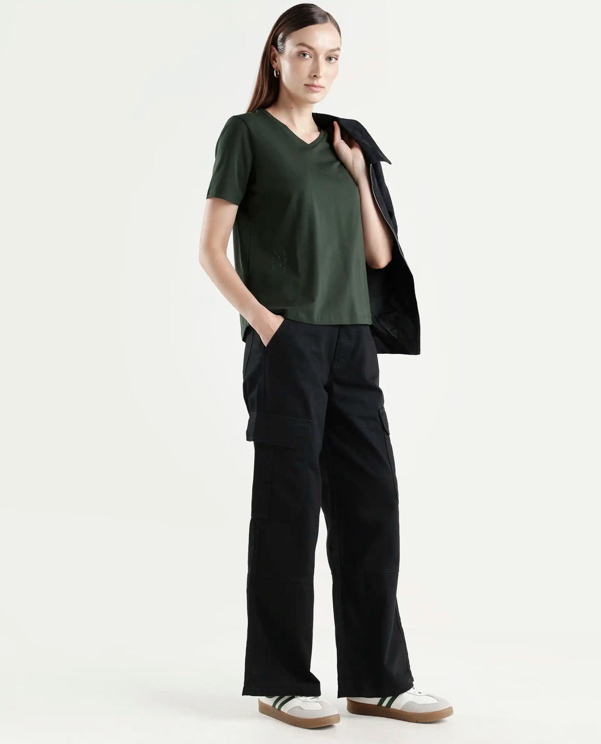Rareism Women's Light Weight High Stretch 180 Gsm Cotton V-Neck Plain Regular Fit T-Shirt