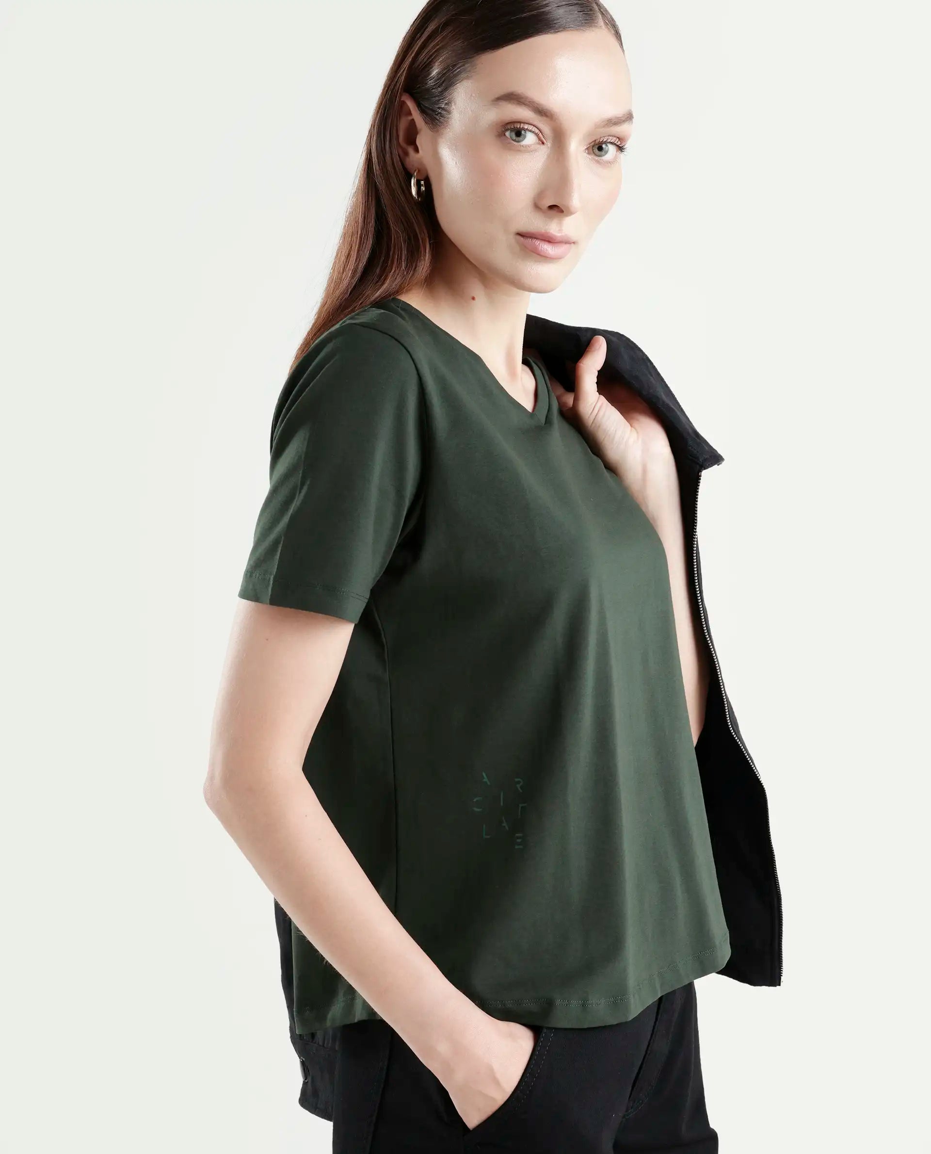 Rareism Women's Light Weight High Stretch 180 Gsm Cotton V-Neck Plain Regular Fit T-Shirt