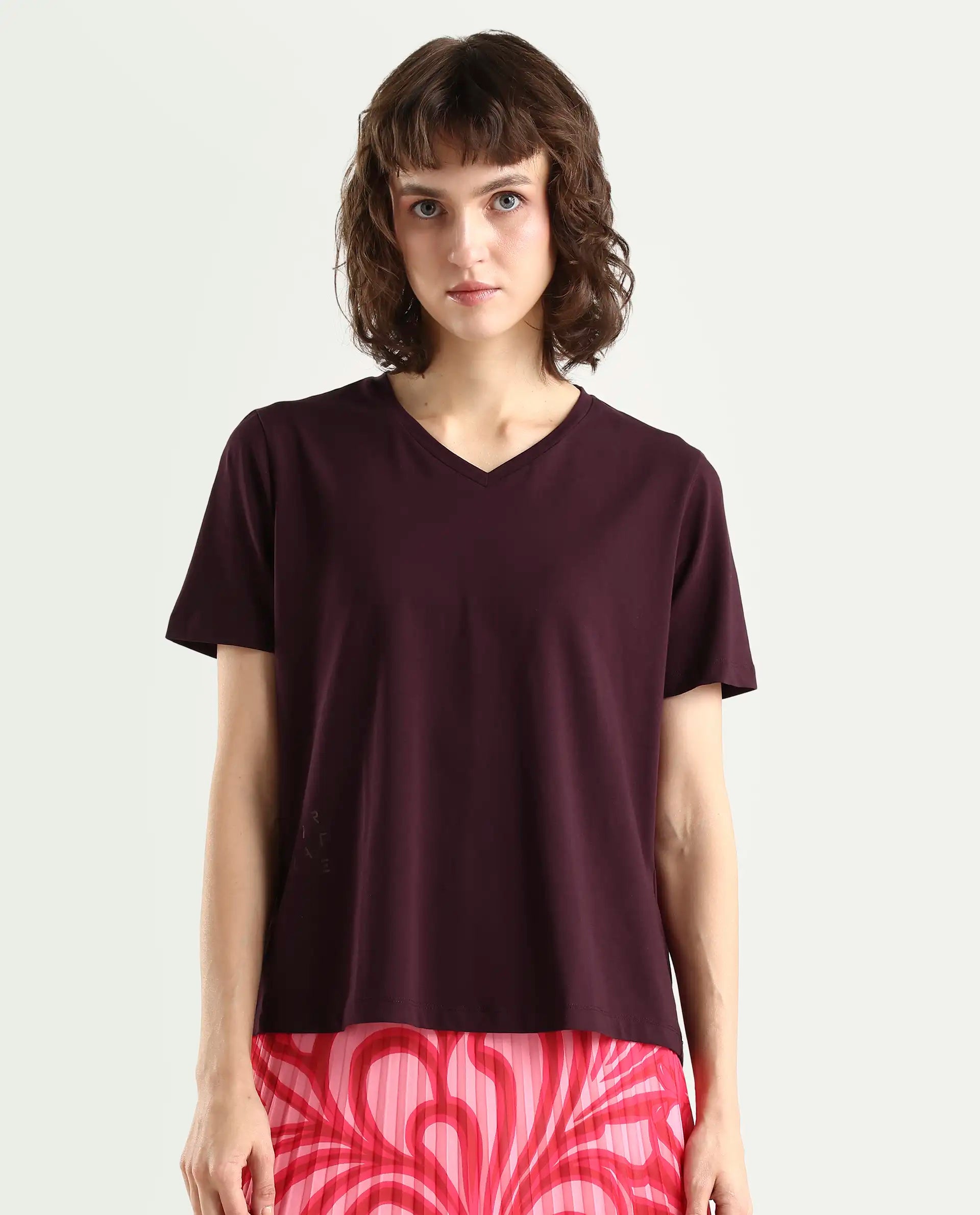 Rareism Women's Light Weight High Stretch 180 Gsm Cotton V-Neck Plain Regular Fit T-Shirt