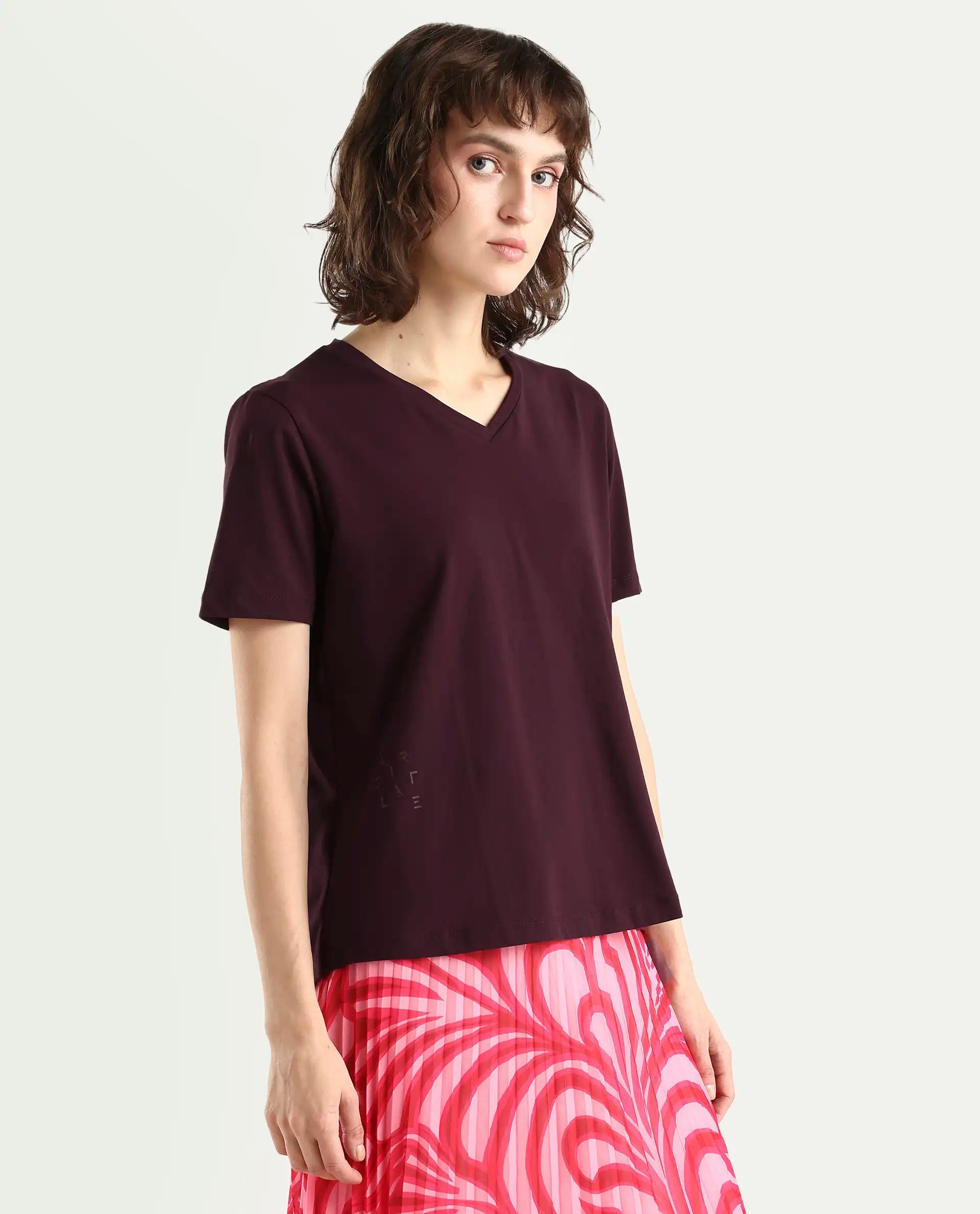 Rareism Women's Light Weight High Stretch 180 Gsm Cotton V-Neck Plain Regular Fit T-Shirt