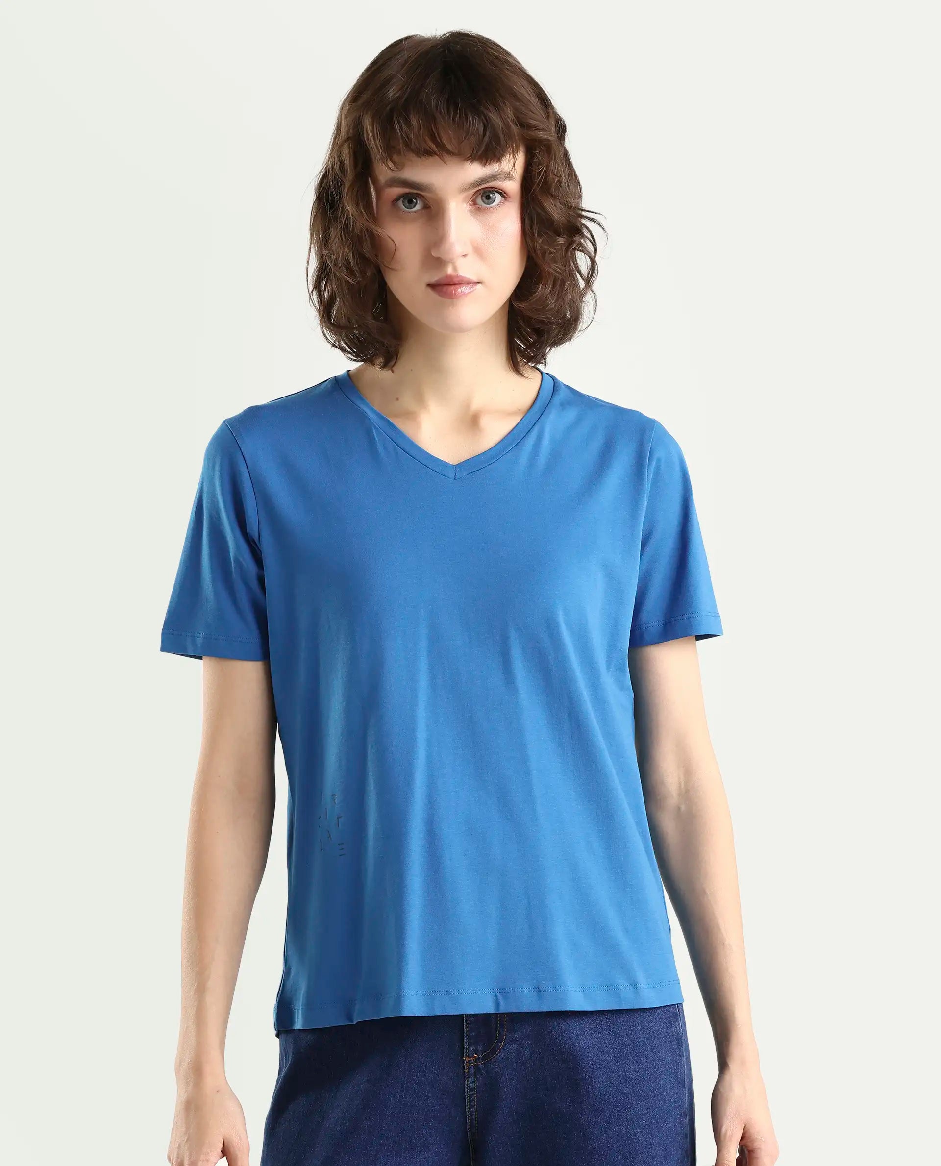 Rareism Women's Light Weight High Stretch 180 Gsm Cotton V-Neck Plain Regular Fit T-Shirt