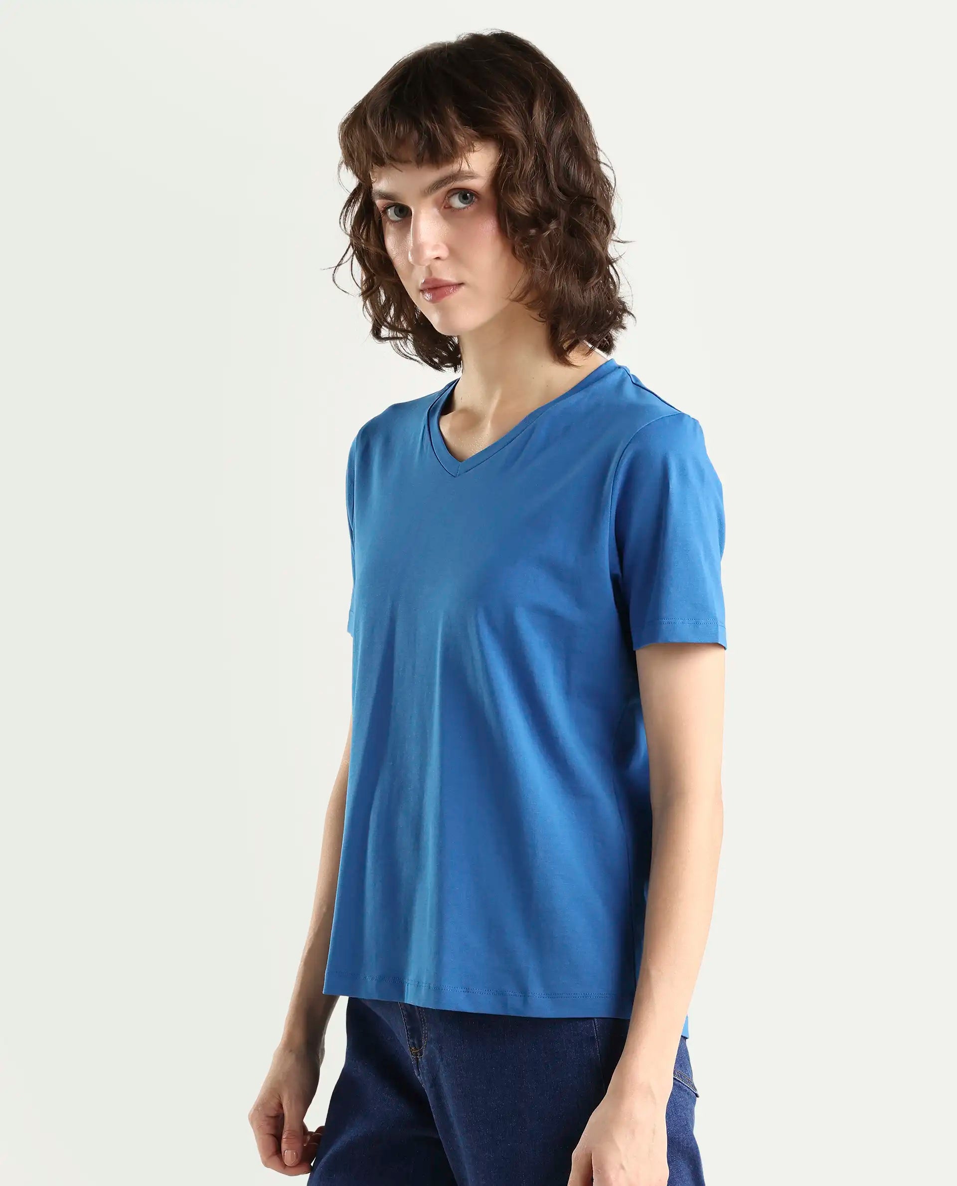 Rareism Women's Light Weight High Stretch 180 Gsm Cotton V-Neck Plain Regular Fit T-Shirt