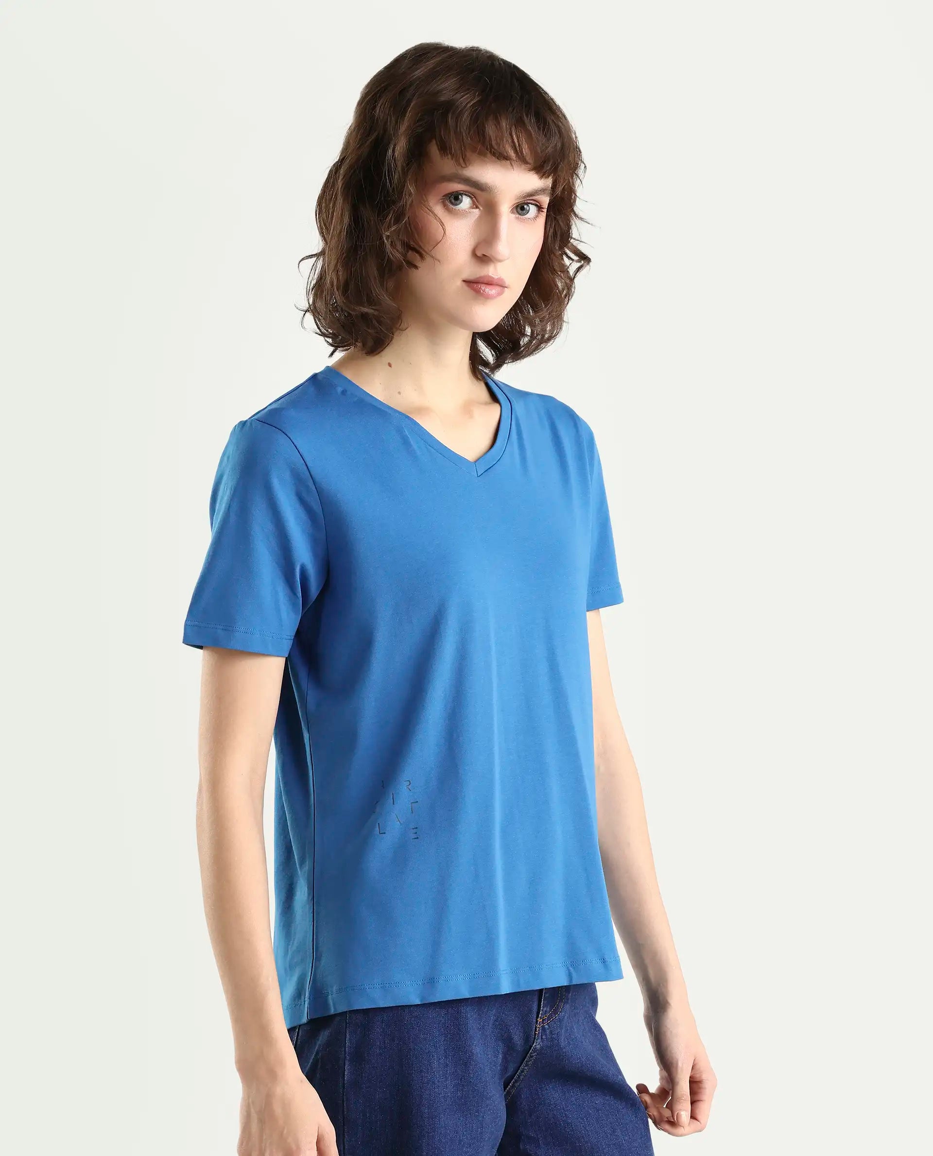 Rareism Women's Light Weight High Stretch 180 Gsm Cotton V-Neck Plain Regular Fit T-Shirt