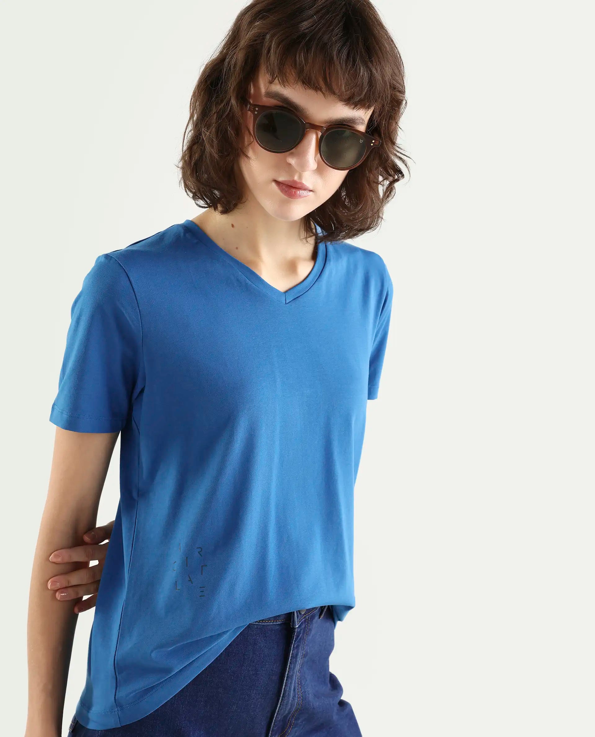 Rareism Women's Light Weight High Stretch 180 Gsm Cotton V-Neck Plain Regular Fit T-Shirt