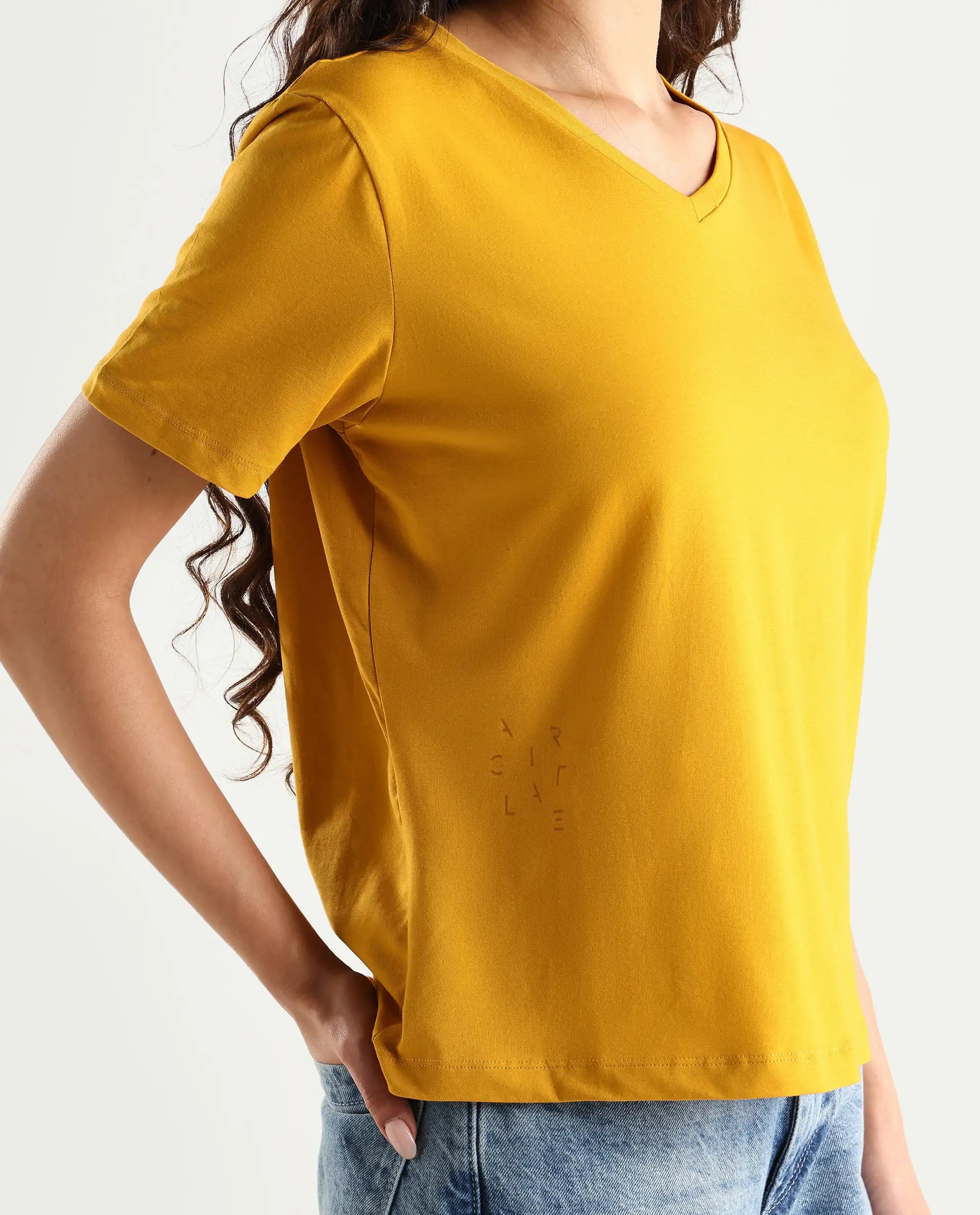 Rareism Women's Light Weight High Stretch 180 Gsm Cotton V-Neck Plain Regular Fit T-Shirt