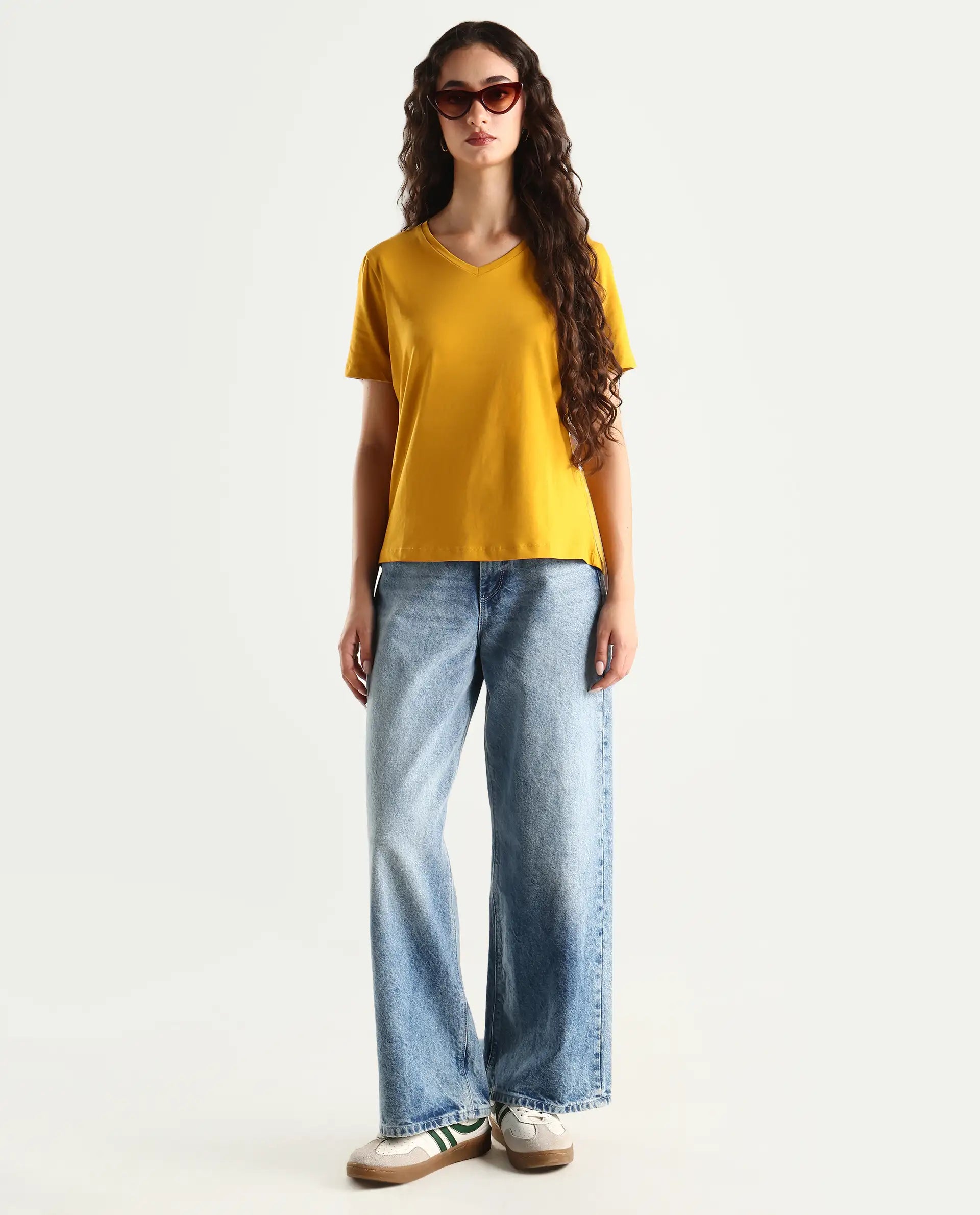Rareism Women's Light Weight High Stretch 180 Gsm Cotton V-Neck Plain Regular Fit T-Shirt
