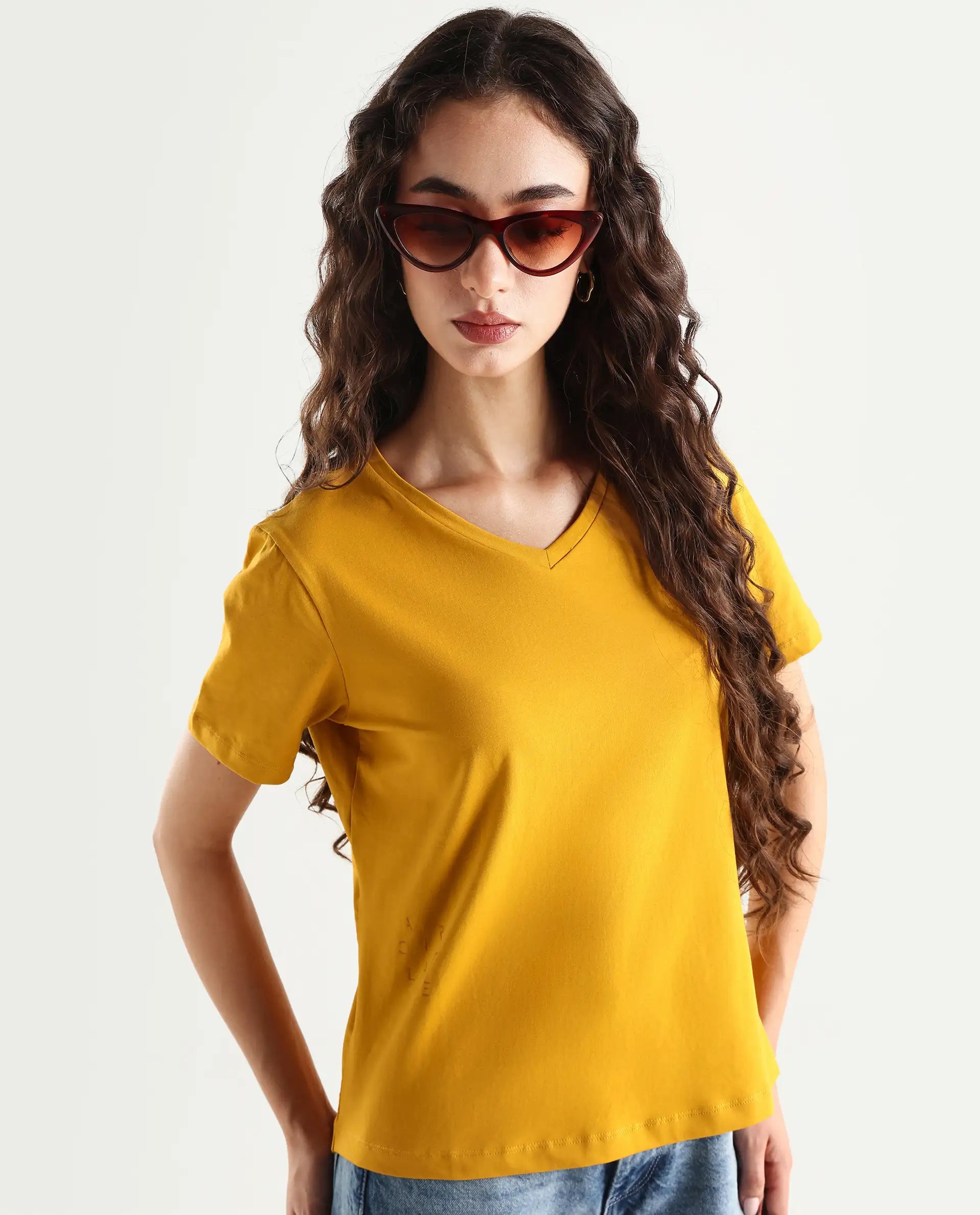 Rareism Women's Light Weight High Stretch 180 Gsm Cotton V-Neck Plain Regular Fit T-Shirt
