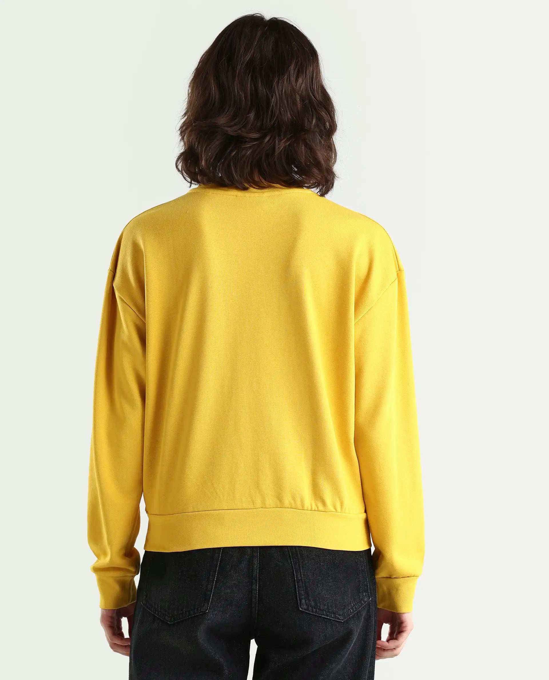 Rareism Women's Patricia Yellow Cotton Crew Neck Embroidered Relaxed Fit Sweatshirt