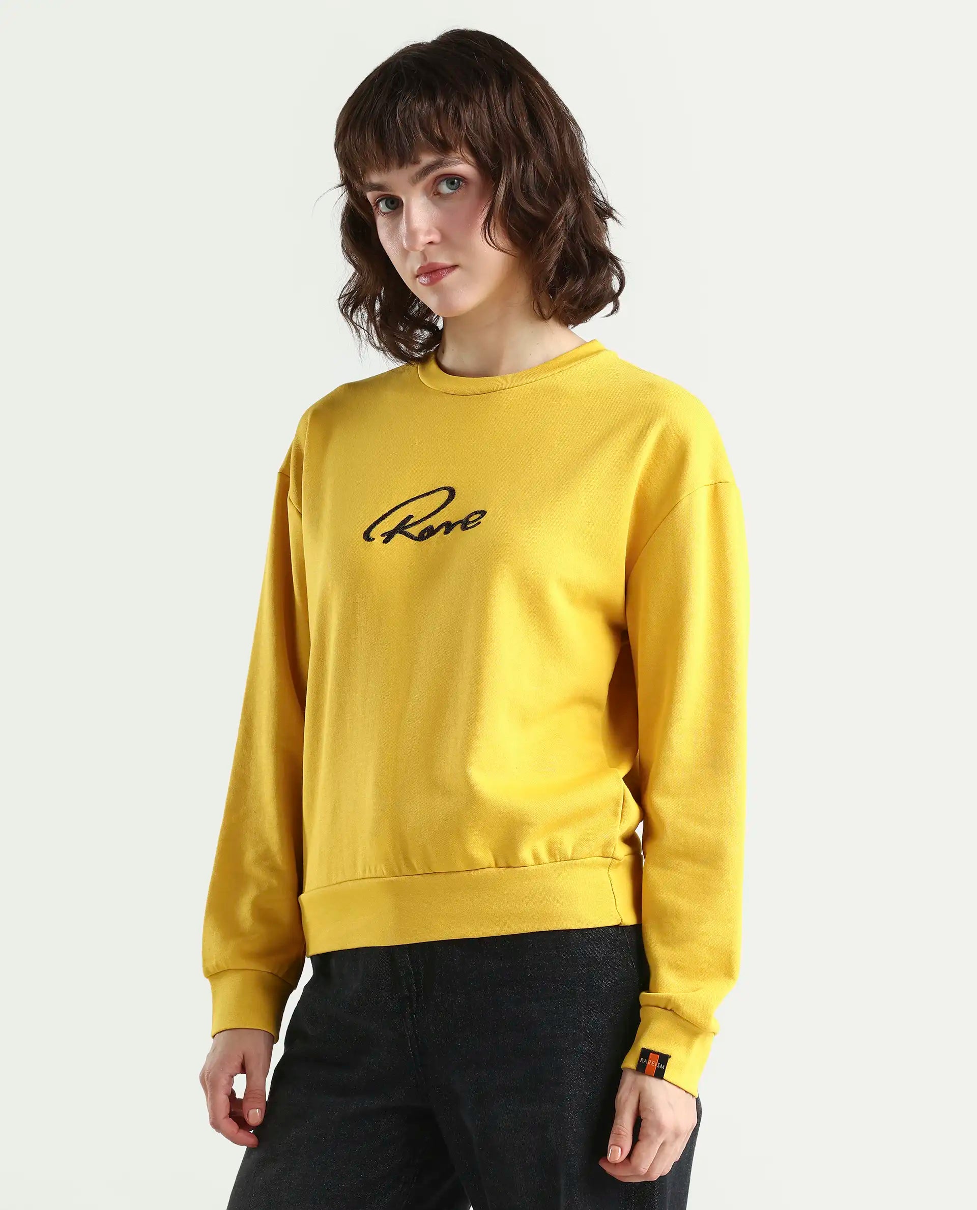 Rareism Women's Patricia Yellow Cotton Crew Neck Embroidered Relaxed Fit Sweatshirt