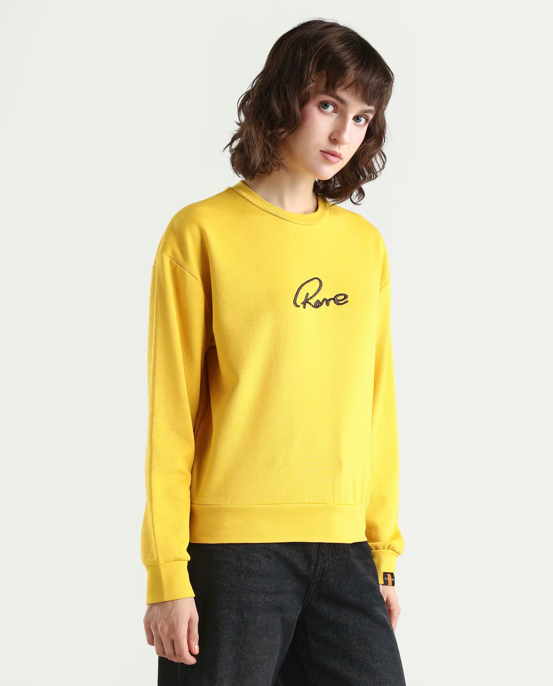 Rareism Women's Patricia Yellow Cotton Crew Neck Embroidered Relaxed Fit Sweatshirt