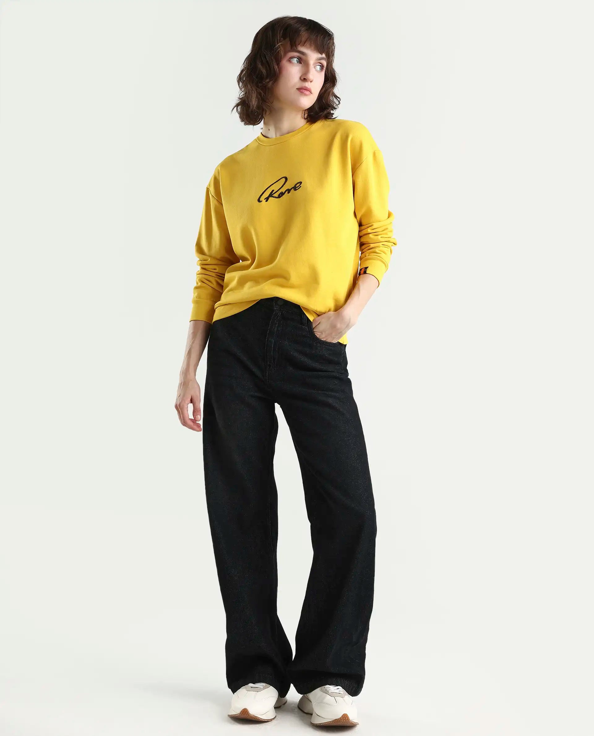 Rareism Women's Patricia Yellow Cotton Crew Neck Embroidered Relaxed Fit Sweatshirt