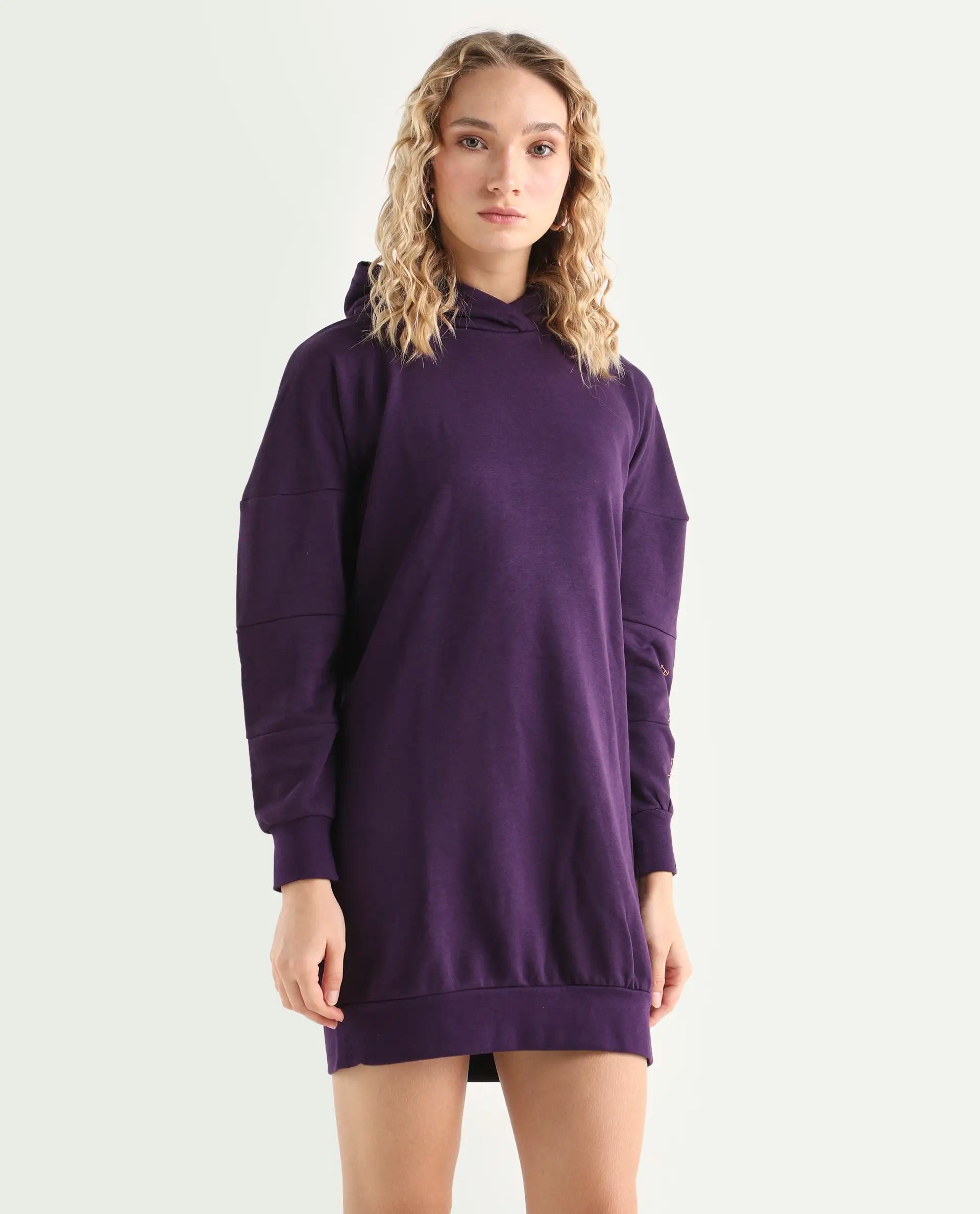Rareism Women's Owes Purple Cotton Hooded Plain Knee Length Regular Fit Sweatshirt