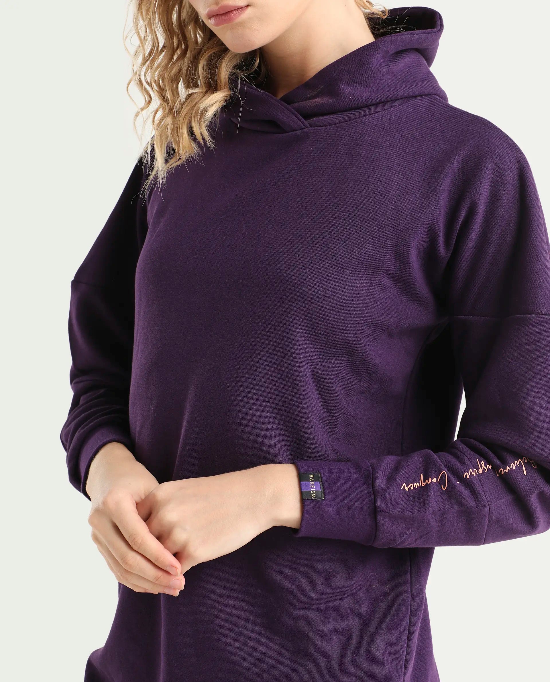 Rareism Women's Owes Purple Cotton Hooded Plain Knee Length Regular Fit Sweatshirt