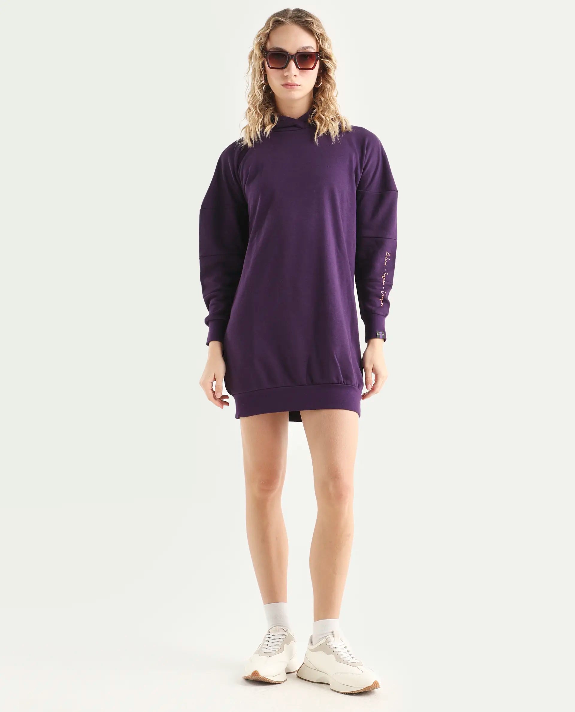 Rareism Women's Owes Purple Cotton Hooded Plain Knee Length Regular Fit Sweatshirt