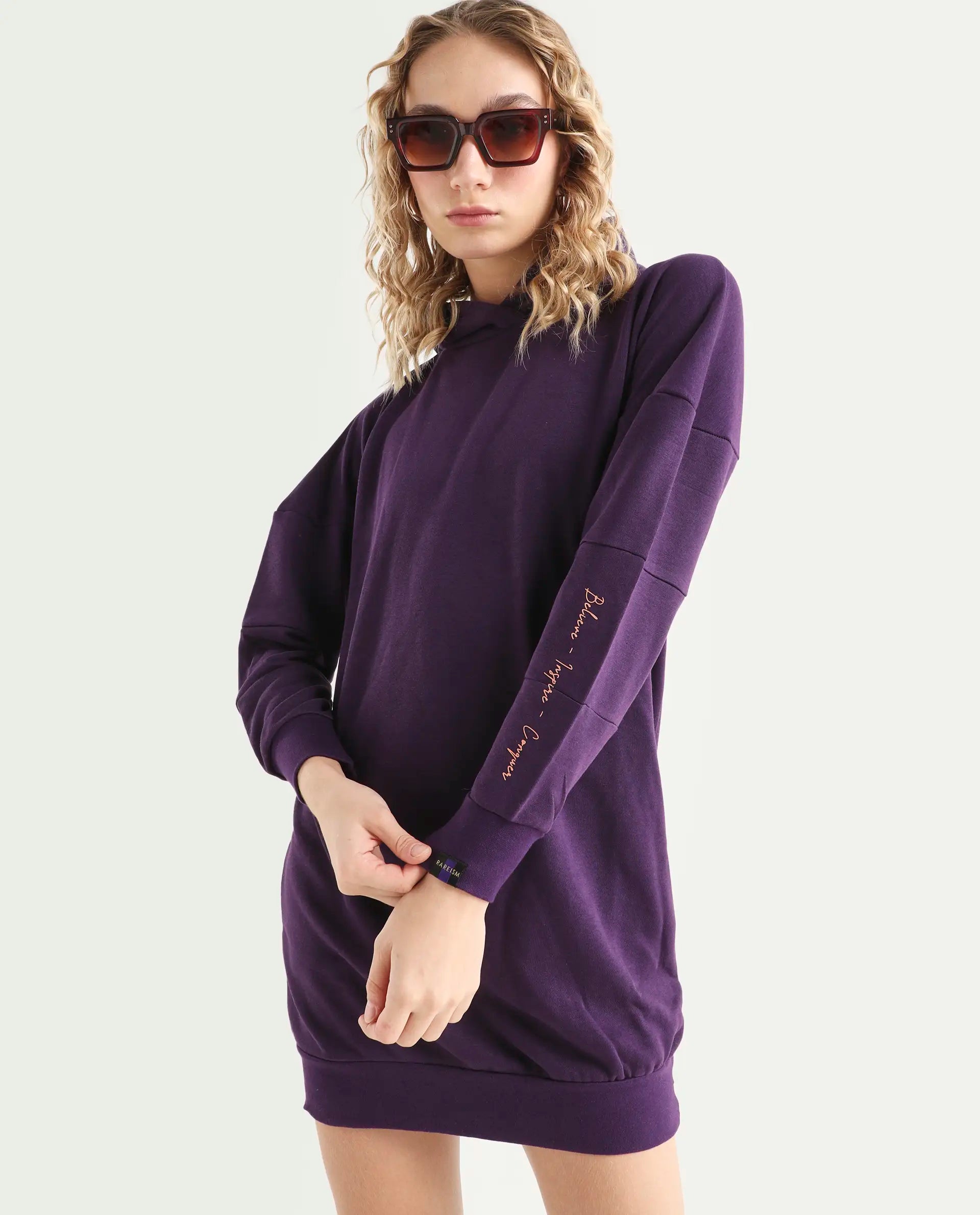 Rareism Women's Owes Purple Cotton Hooded Plain Knee Length Regular Fit Sweatshirt