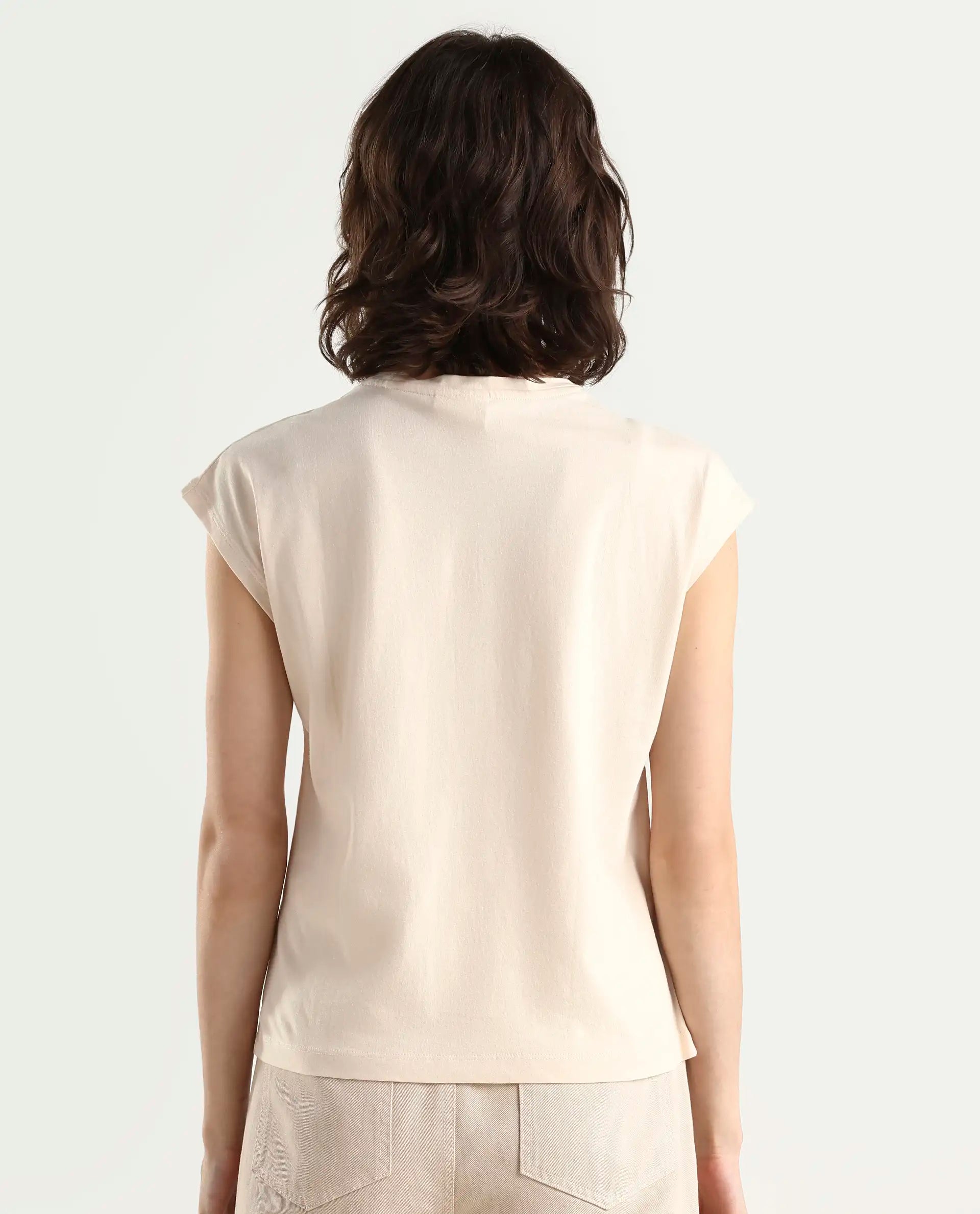 Rareism Women's Pariot Beige Cotton Crew Neck Printed Regular Fit T-Shirt