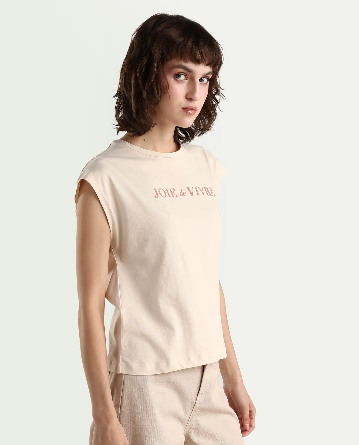 Rareism Women's Pariot Beige Cotton Crew Neck Printed Regular Fit T-Shirt