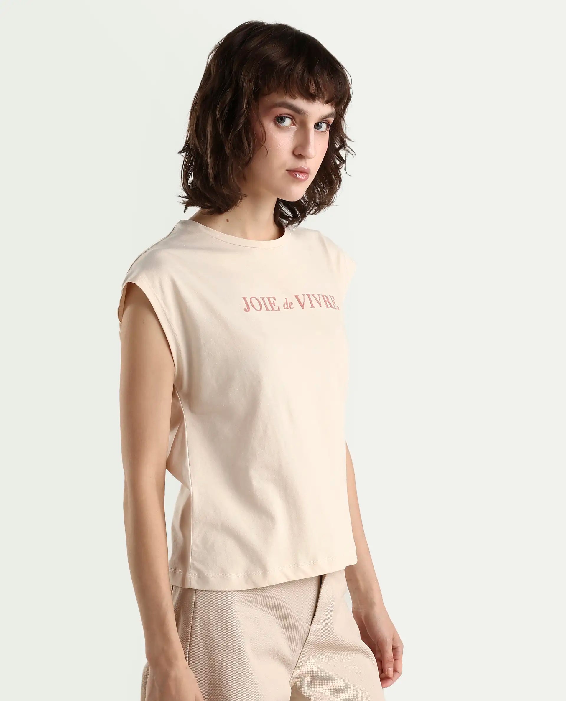 Rareism Women's Pariot Beige Cotton Crew Neck Printed Regular Fit T-Shirt